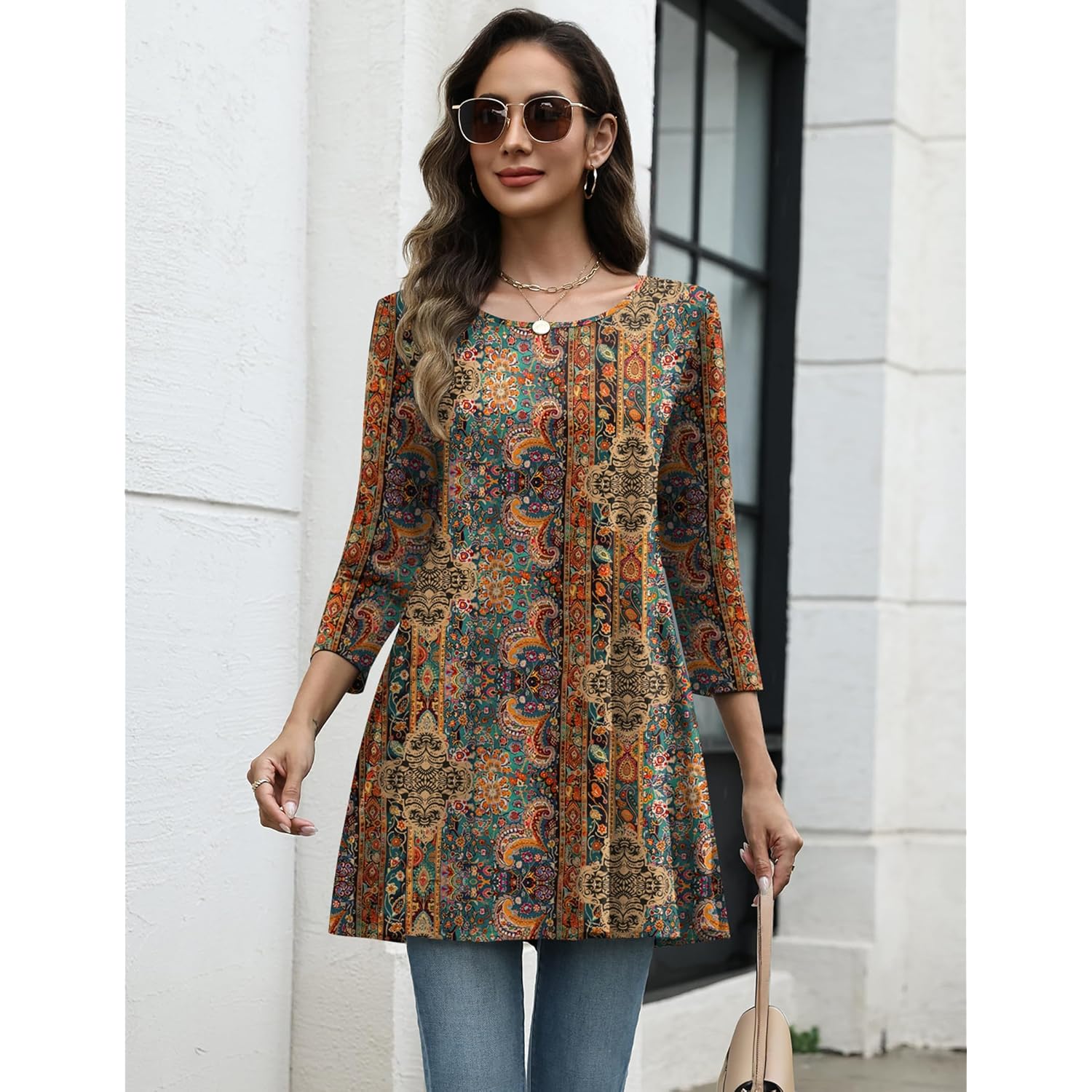 Women Tops 3/4 Sleeve Dressy Casual Plus Size Tunics to Wear with Leggings Swing Flare T-Shirt Loose Blouses