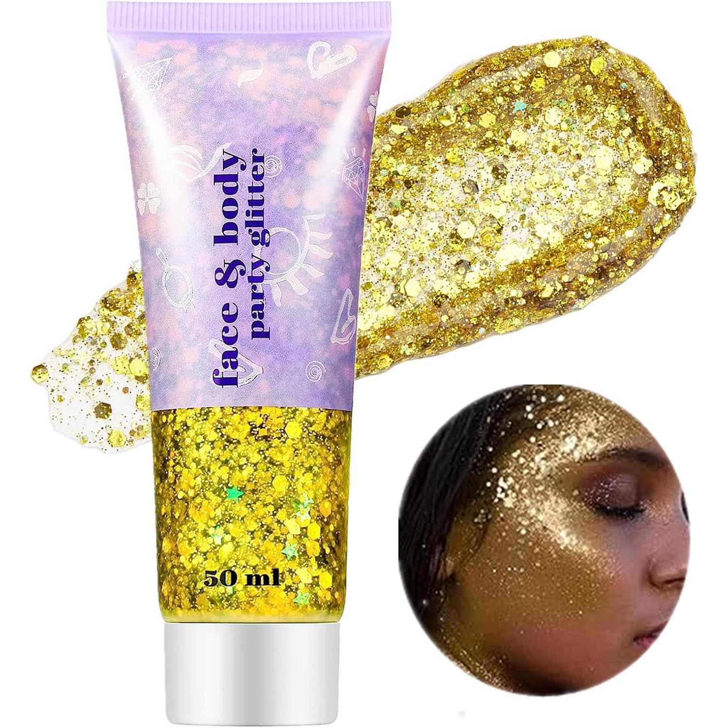 Go Ho Gold Face Body Glitter,Mardi Gras Glitter Makeup Gold Face Paint,Holographic Chunky Sequins Glitters for Eye Lip Hair Nails,Festival Rave Accessories,52g