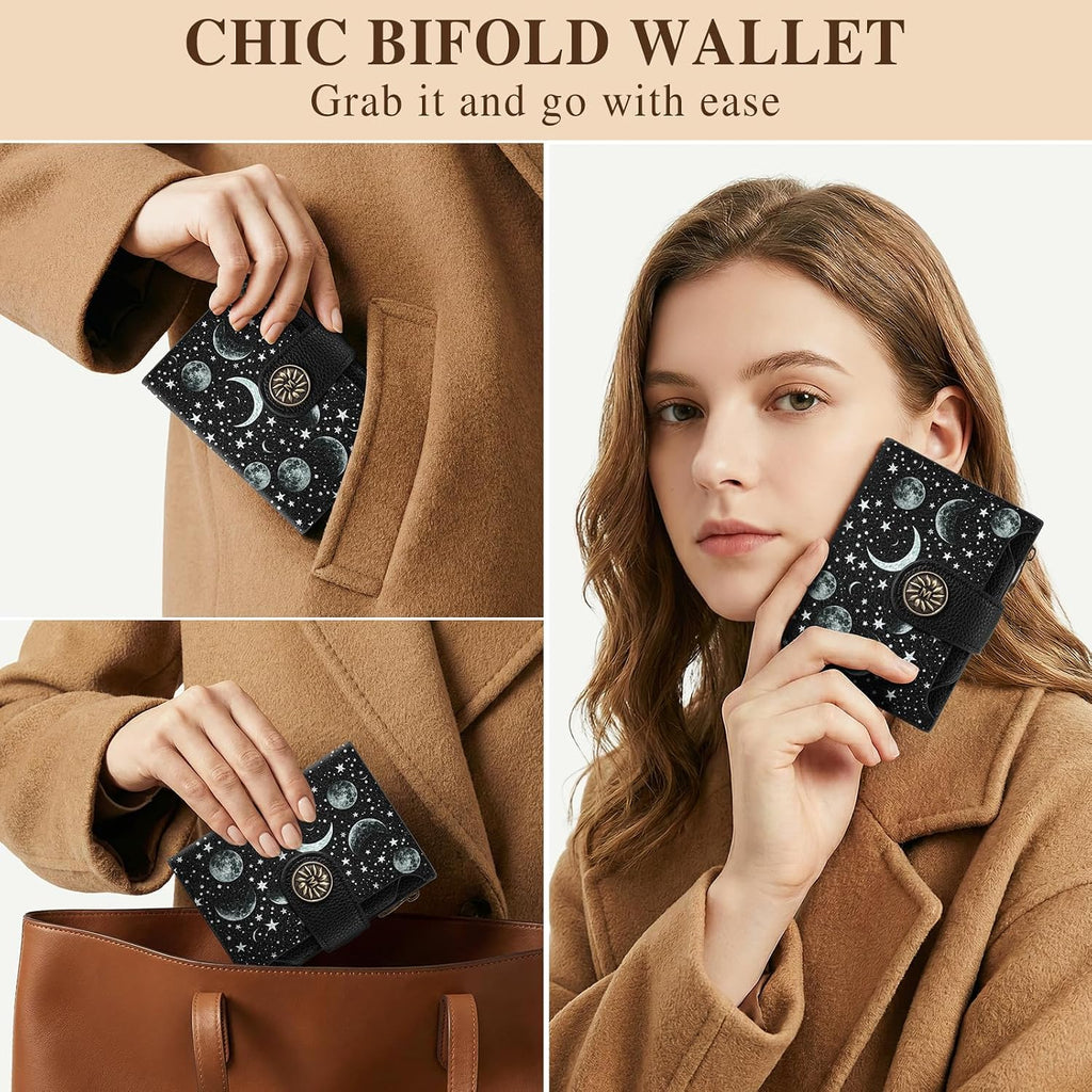 Celestial Moon Small Rfid Wallet Women, Pu Leather Bifold Zipper Coin Pocket Compact Cash Credit Card Holder Purse, Cute Travel Wallet For Female Ladies Teen Girls, 4 Id Window 14 Card Slots