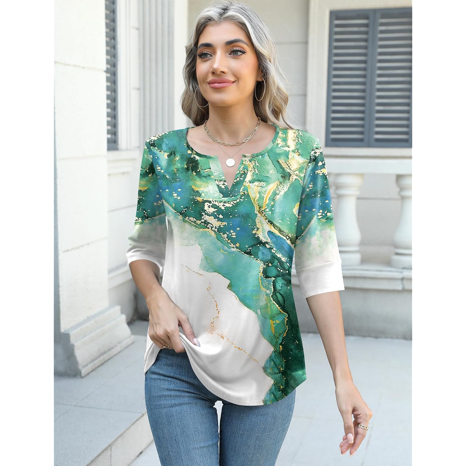AKEWEI Women's V Neck 3/4 Sleeve T Shirts Summer Top Dressy Casual Basic Tees Shirt Tunic Blouses