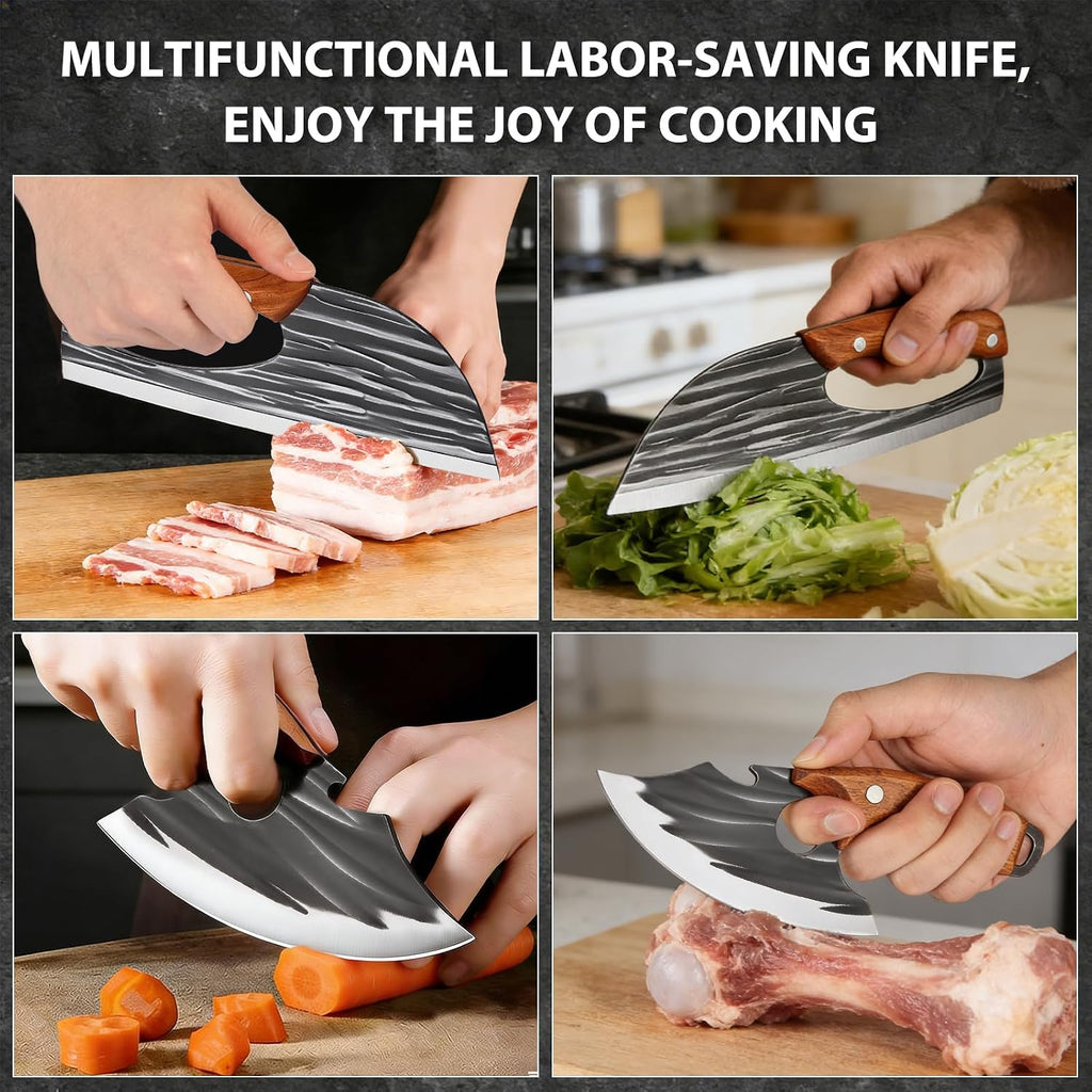 2 Pcs Meat Cleaver Knife Set, Effort Saving Meat Cleaver For Cutting Meat Vegetable, Sharp Carbon Steel Cooking Viking Knife With Leather Sheath For Kitchen, Camping, Outdoor Cooking, Bbq Gift