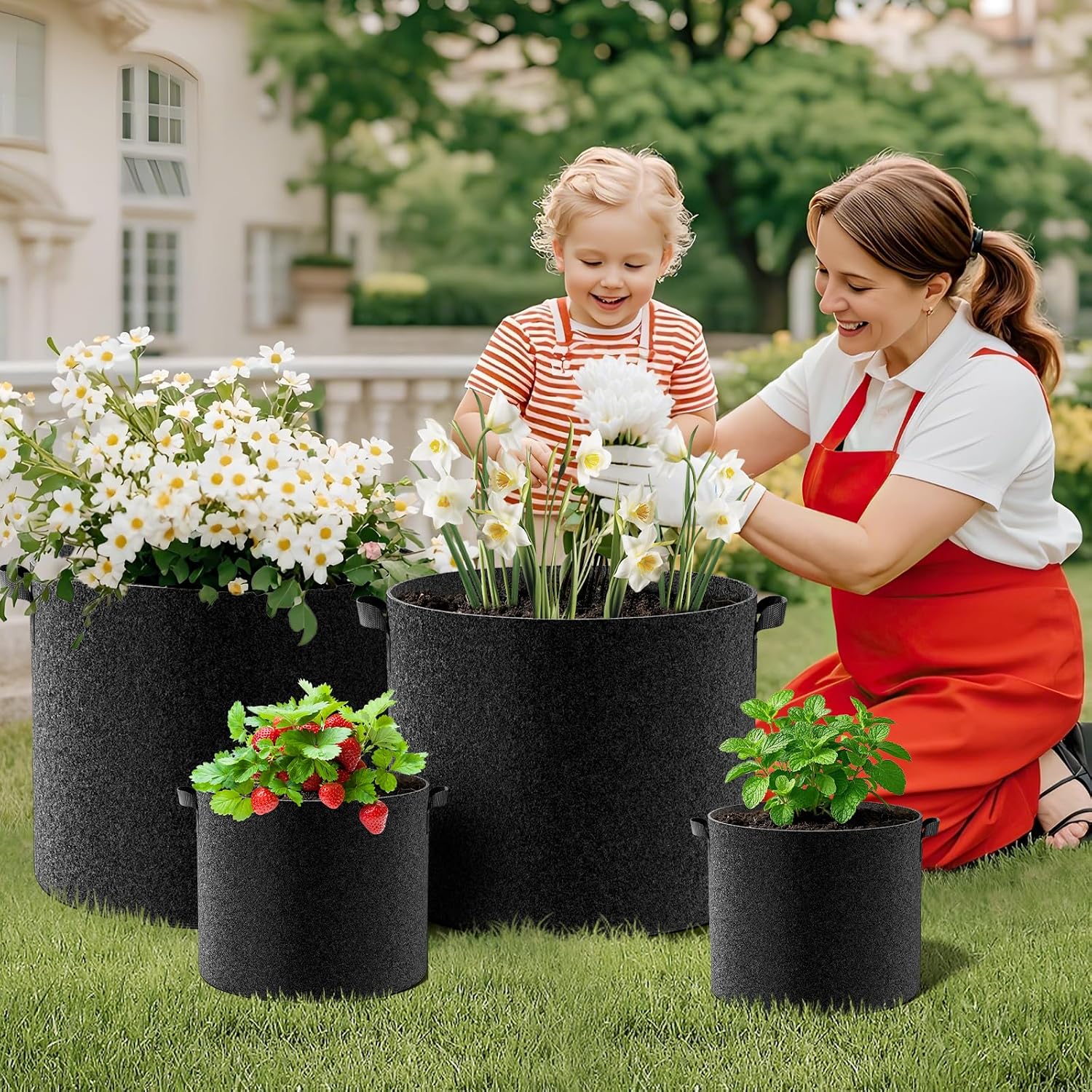Land Guard 4-Pack Fabric Grow Bags 5 Gallon, Thickened Nonwoven Garden Pots, Growing Bags With Handles, Black