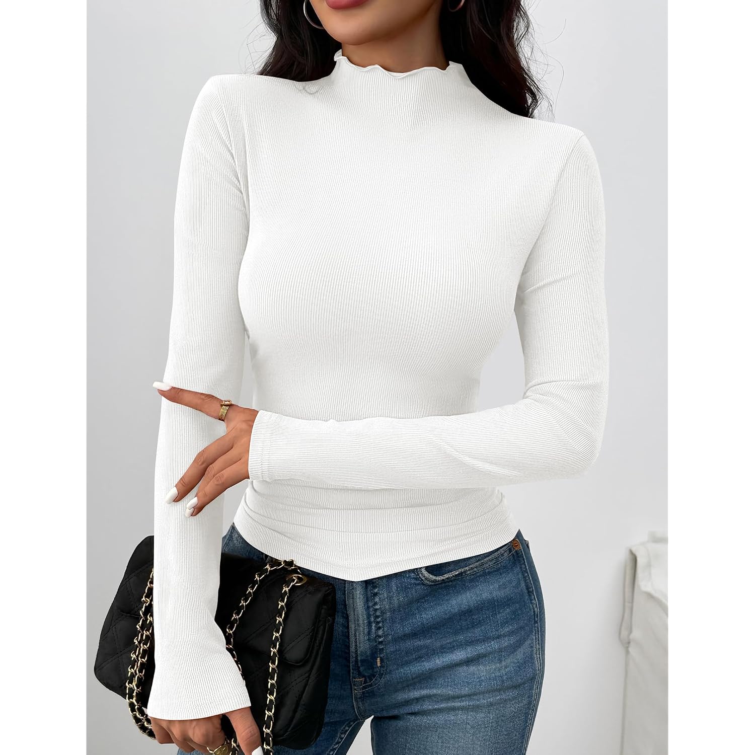 Zeagoo Long Sleeve Shirts for Women Ribbed Slim Fit Tops Lettuce Trim Mock Neck Summer Fall Basic Tee