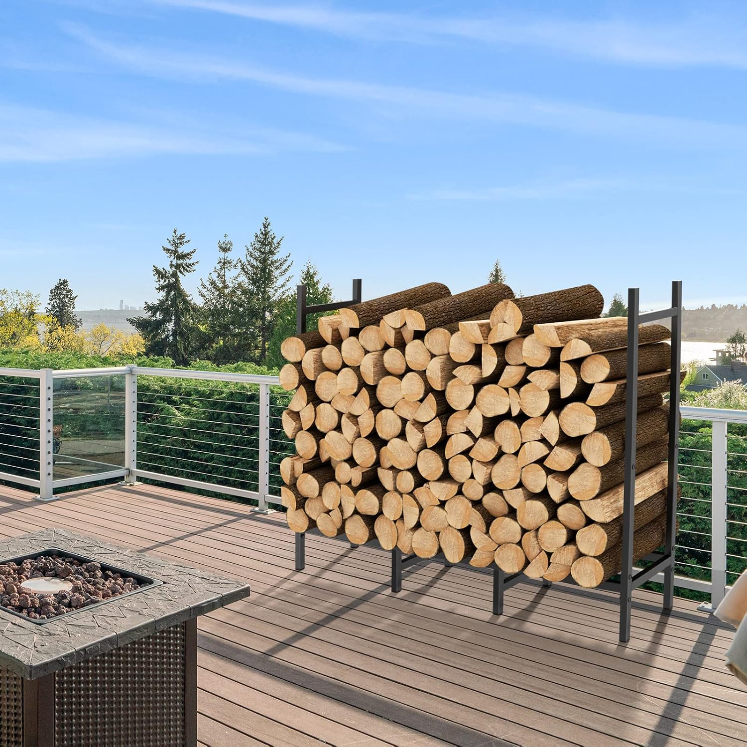 4Ft Firewood Rack Holder For Fireplace, Adjustable Log Stand For Storage | Indoor/Outdoor, 8 Legs, Black, Heavy Duty Log Stand, For Patio, Weather-Resistant Tubular Stee, Easy Assembly