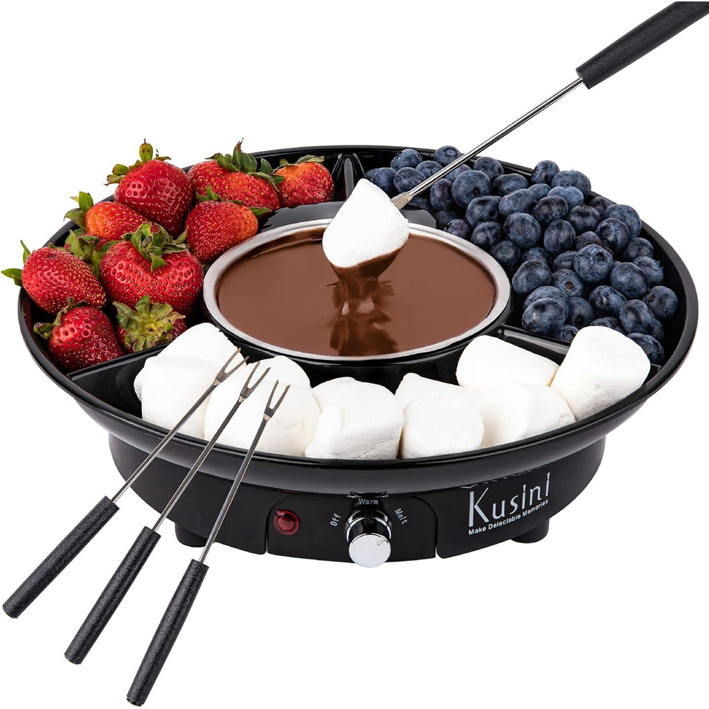 Kusini Electric Fondue Pot Set - Chocolate Fondue Kit - Temperature Control, Detachable Serving Trays, & 4 Roasting Forks - Gift Set & Date Night Idea. Serve at Movie Night or Game Night.