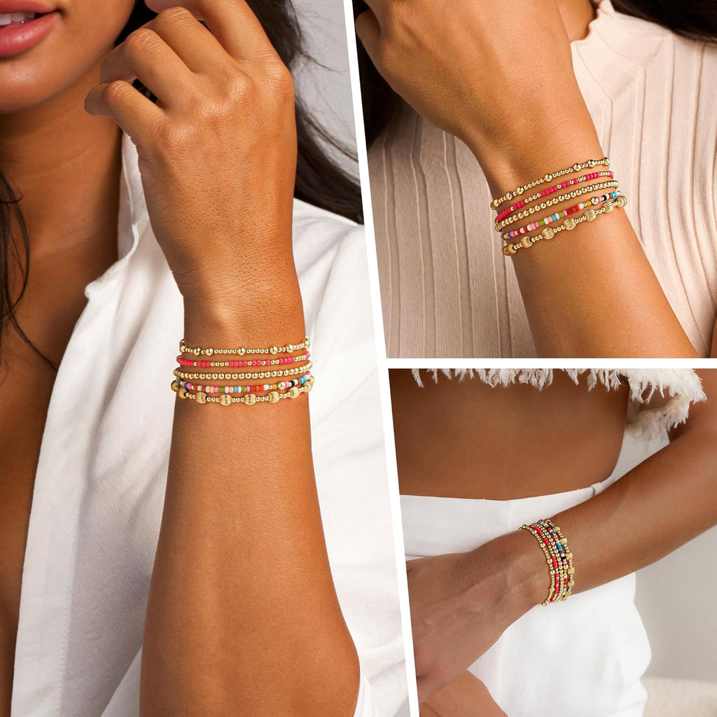 Turandoss Mothers Day Gifts for Mom Daughter - 14K Gold Plated Gold Beaded Bracelets for Women Teen Girls Stackable Turquoise Cross Bead Bracelet Pearl Bracelets Set for Women Mothers Day Gift for Mom