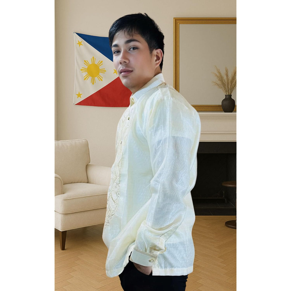 Barong Tagalog For Men, Long Sleeve Traditional Filipino Shirt, Organza With Pina Embroidery - Us Size