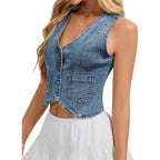 Denim Vest Sleeveless Jean Vest Top For Women V Neck Button Down Cropped Denim Top With Pockets