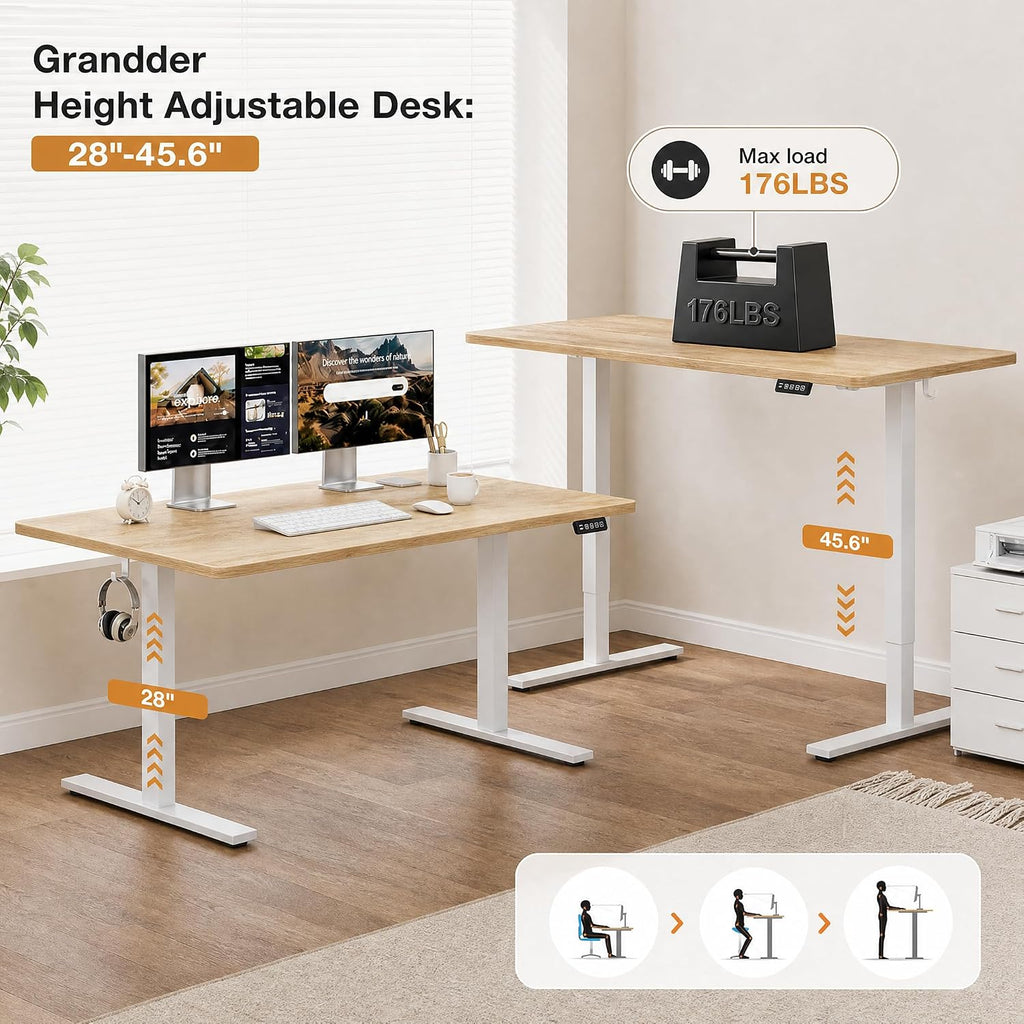 55X32 Extra-Deep Electric Standing Desk, Wide Desktop Fits 49" Ultrawide Monitor+Dual Screens, 176 Lbs Capacity, 2 Memory Presets, Anti Collision, Computer Desk For Home Office & Gaming, Oak