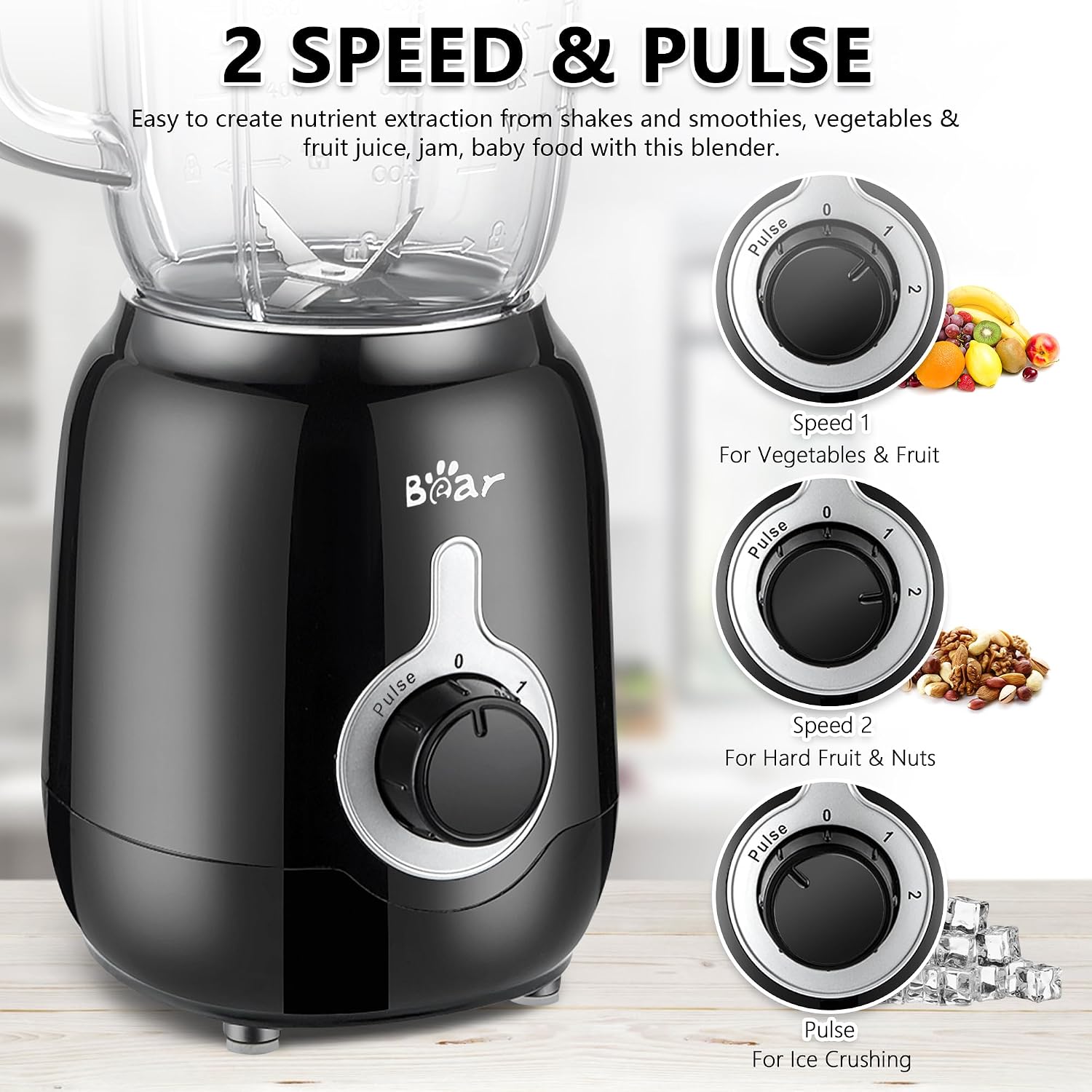 Bear Blender, 2025 New 700W Smoothie Countertop Blender With 40Oz Cup For Shakes And Smoothies, 3-Speed For Crushing Ice, Puree And Frozen Fruit With Autonomous Clean