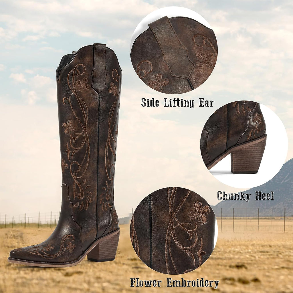 Wetkiss Knee High Cowboy Boots For Women, Stable And Comfortable | Western Style,Cowgirl Boots,Versatile,Pull On,Various Occasions,Non-Slip Sole,Bohemian Rural Style