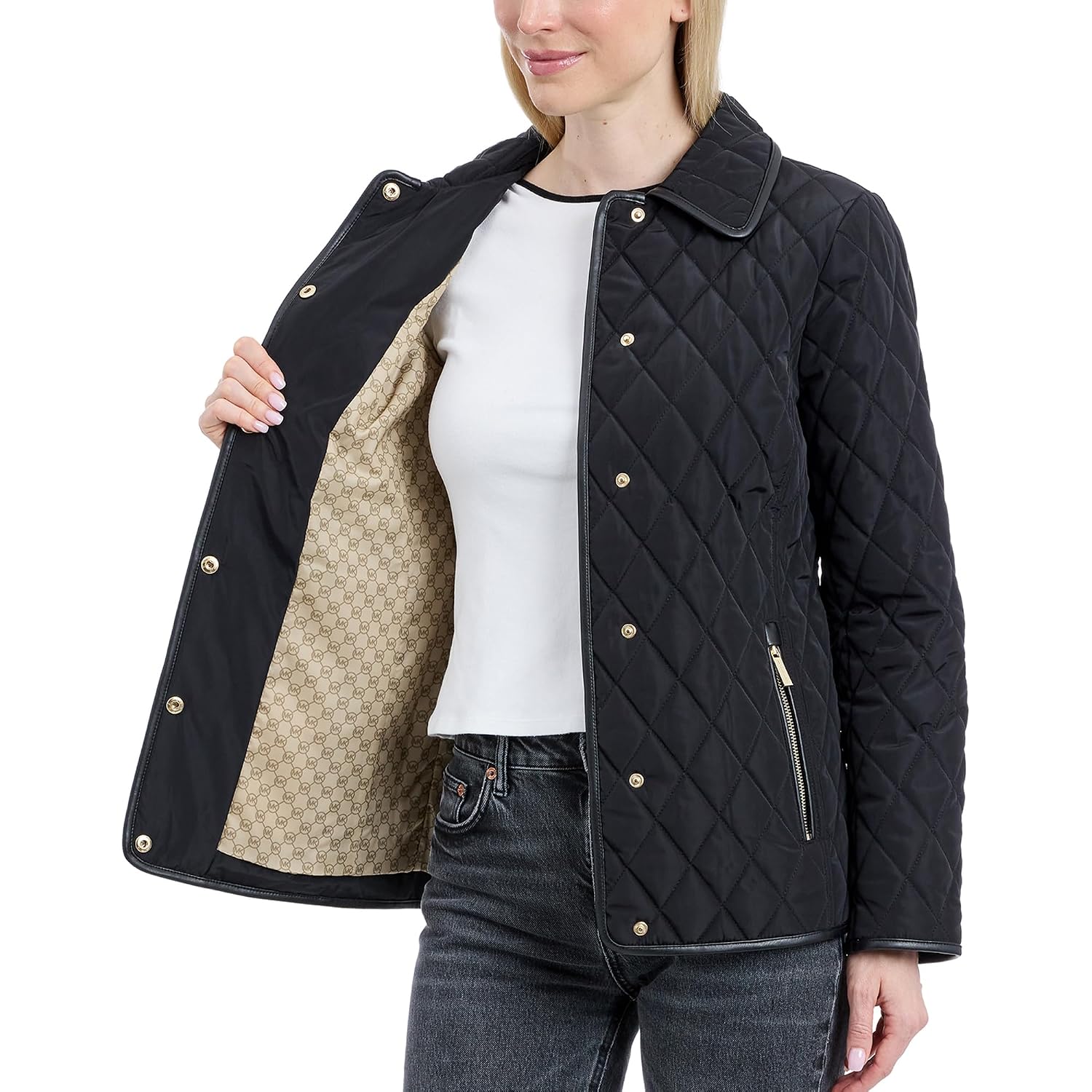 Michael Kors Womens Diamond Quilted Jacket For Women, Stylish Lightweight Jacket With Trim Detail
