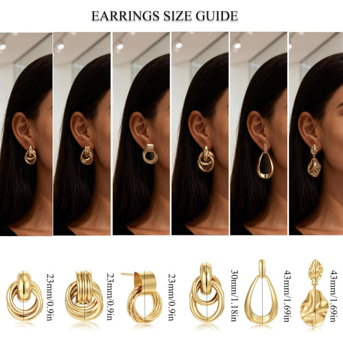 6 Pairs Chunky Gold Earrings for Women Gold Plated Knot Earrings Trendy Statement Drop Dangle Teardrop Lightweight Hypoallergenic Fashion Accessories Jewelry Set Gifts for Women