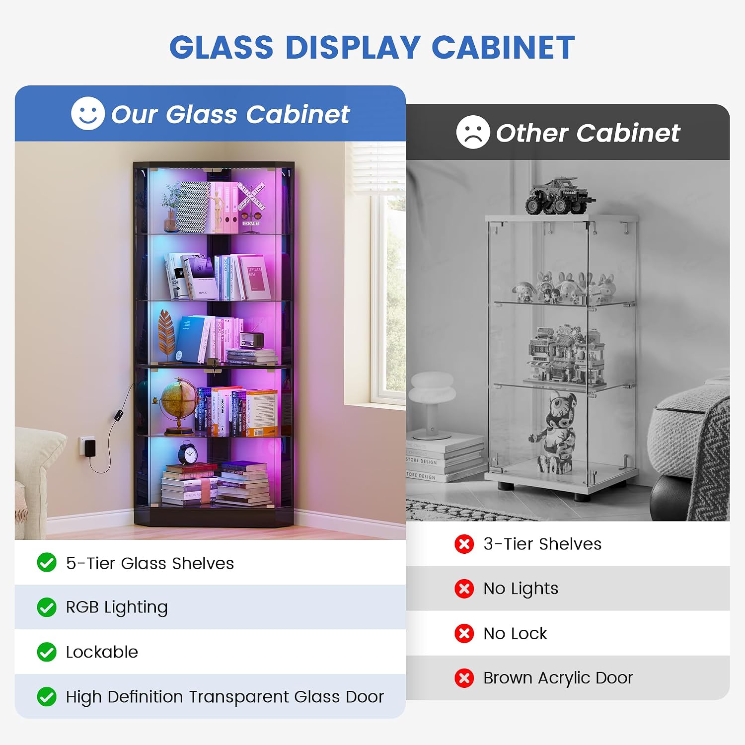 5-Tiers Corner Display Cabinet With Rgb Lights For Collectibles, Black | 69" Tall Curio Cabinet Display Case With Lock, Showcase Display Shelf For Books,Collectibles,Liquor,Living Room,E-Sports Room