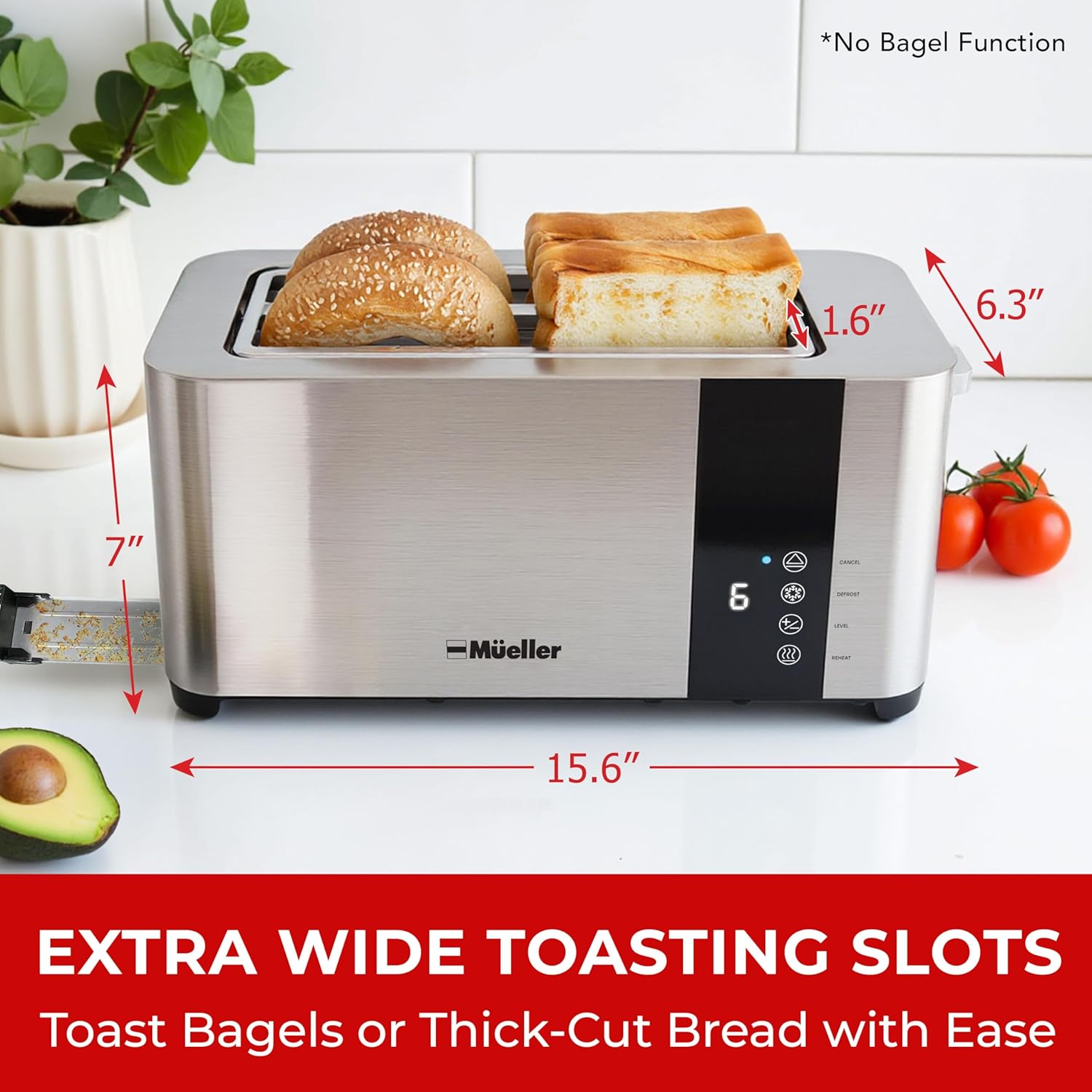 Mueller UltraToast Stainless Steel Toaster 4 Slice – Extra-Wide 1.6" Slots for Artisan Bread, Bagels & Frozen Waffles, 6 Browning Levels, LED Display, Cancel/Defrost/Reheat, Removable Crumb Tray