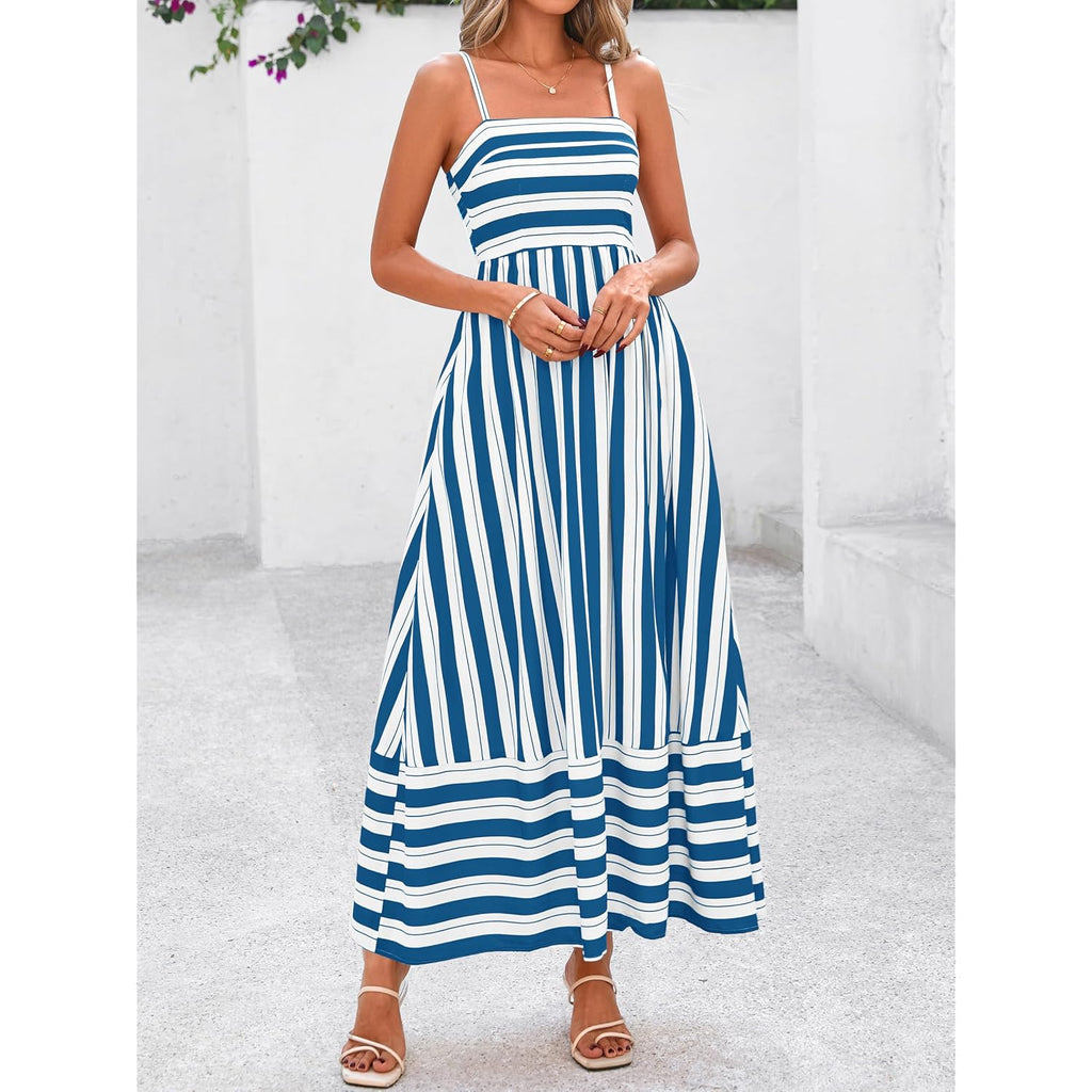 Prettygarden Women Summer Maxi Dresses 2026 Spaghetti Strap Boho Floral Striped Wedding Guest Beach Vacation Flowy Long Dress