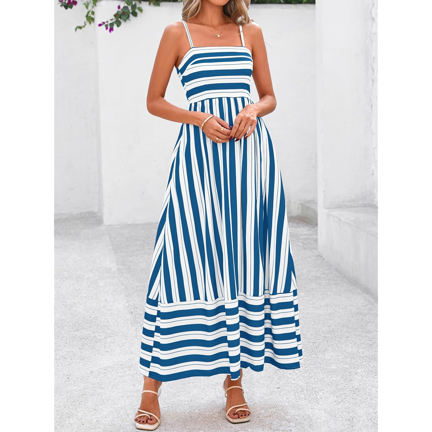 Prettygarden Women Summer Maxi Dresses 2026 Spaghetti Strap Boho Floral Striped Wedding Guest Beach Vacation Flowy Long Dress