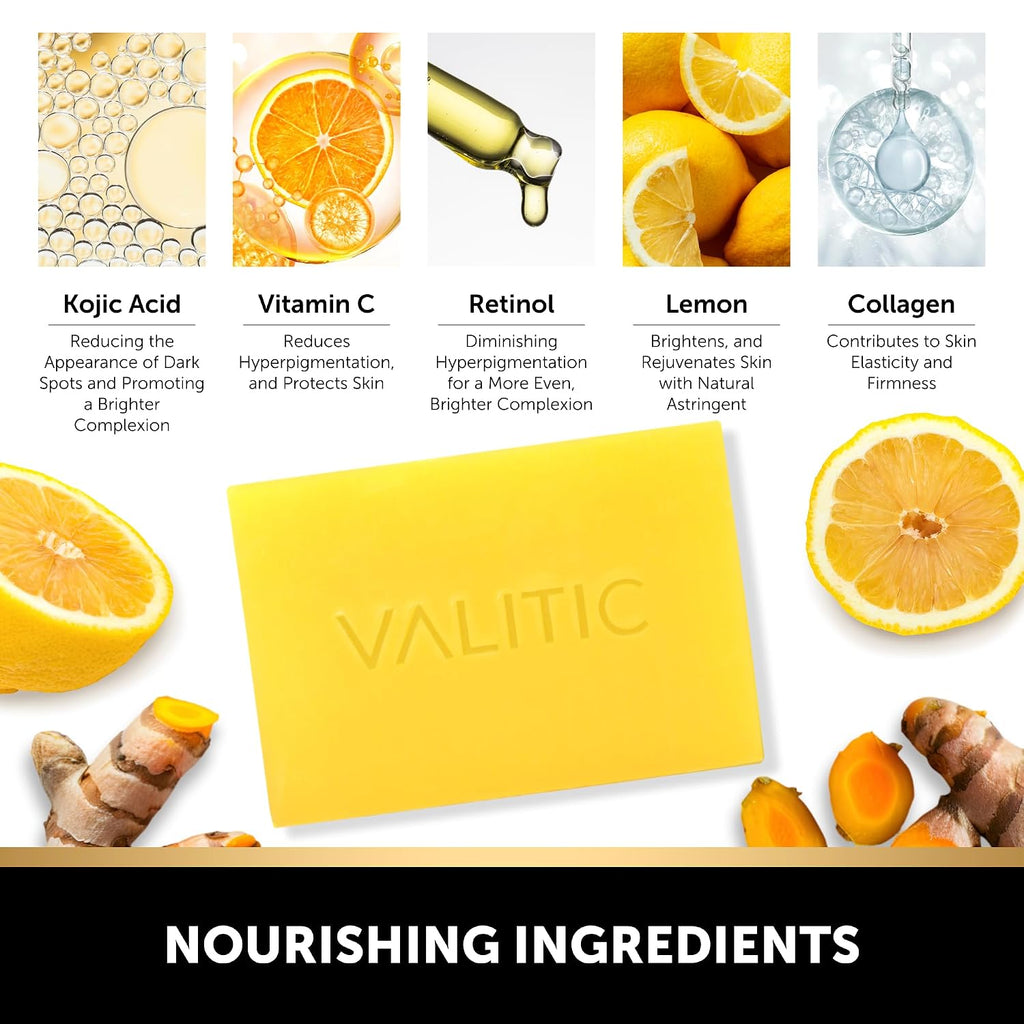 Valitic Brightening Lemon & Turmeric Kojic Acid Soap With Vitamin C, Retinol, Collagen - Original Japanese Complex Infused With Hyaluronic Acid, Vitamin E, Shea Butter - Dark Spot Corrector (2 Pack)