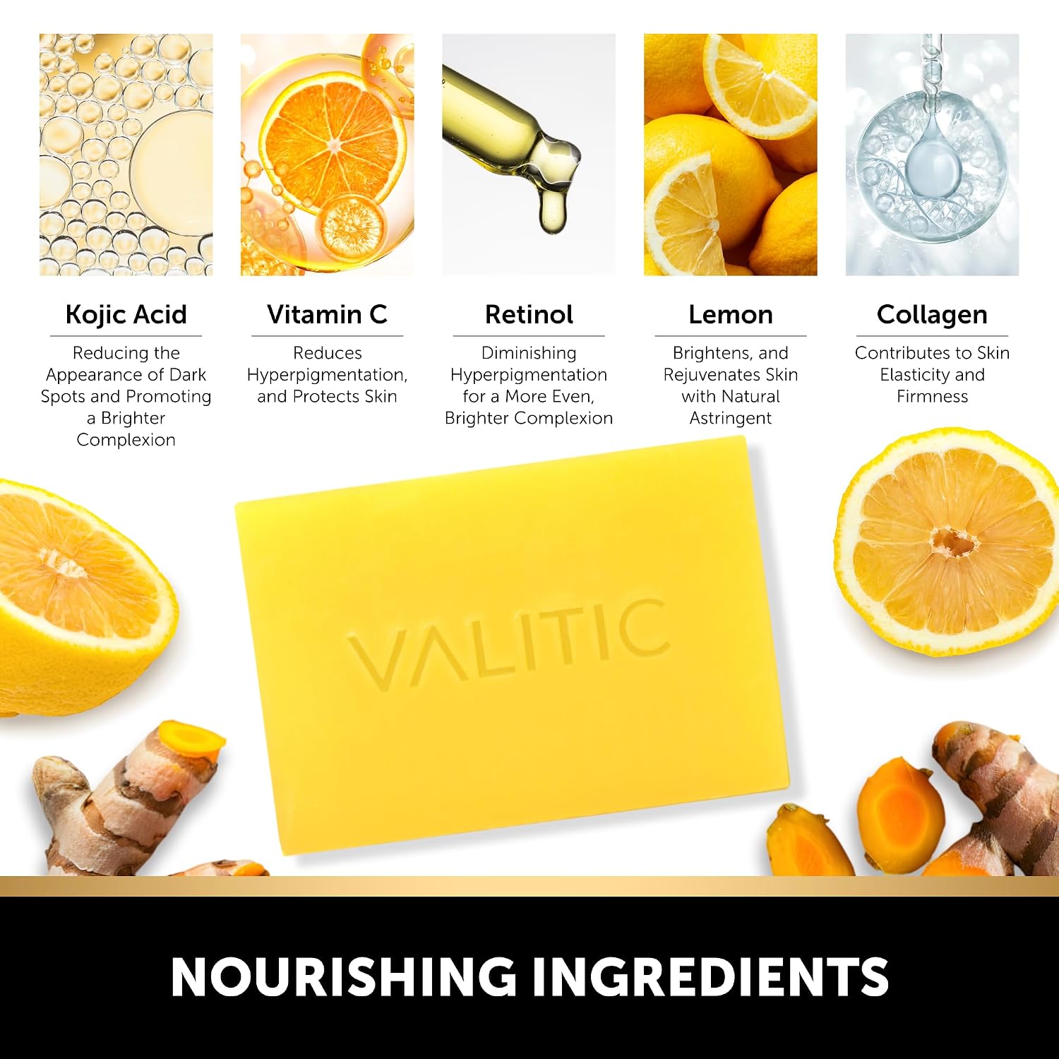 Valitic Brightening Lemon & Turmeric Kojic Acid Soap With Vitamin C, Retinol, Collagen - Original Japanese Complex Infused With Hyaluronic Acid, Vitamin E, Shea Butter - Dark Spot Corrector (2 Pack)