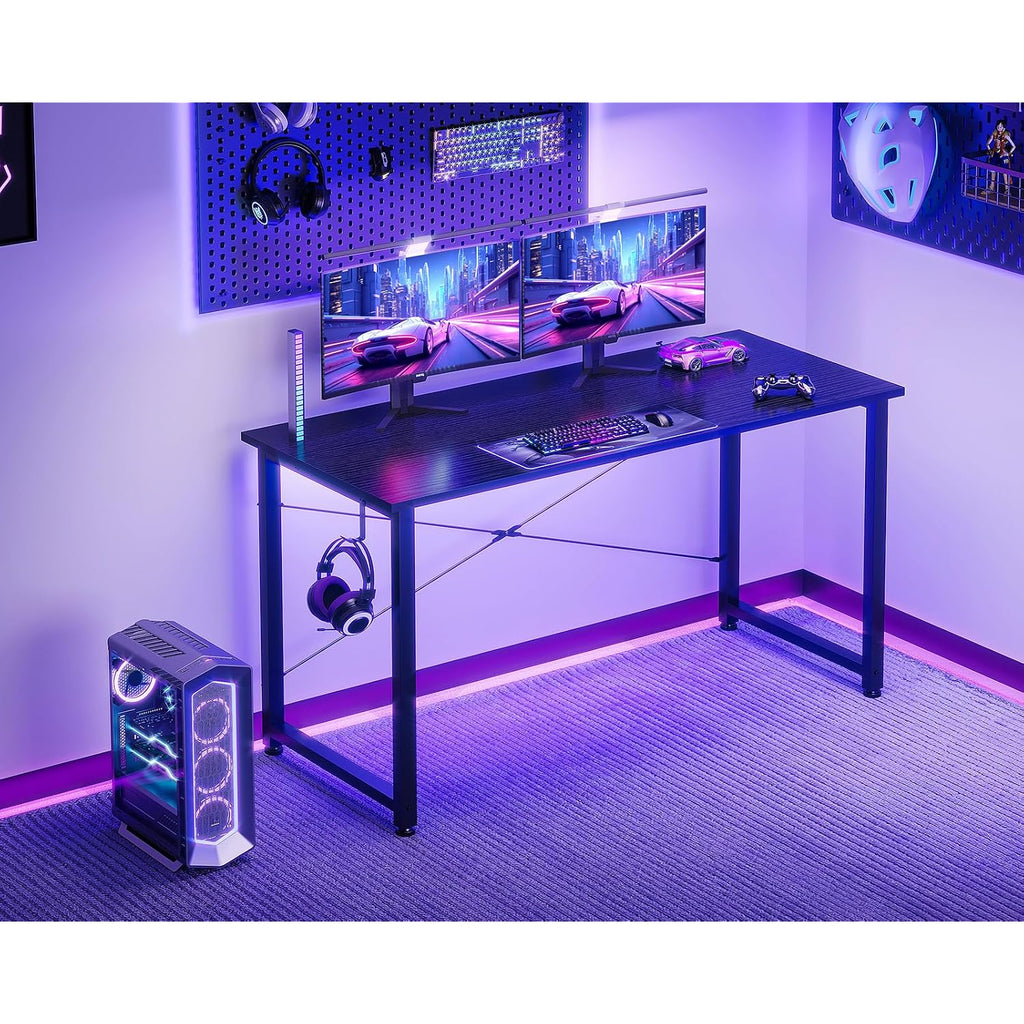 Casaottima 48 Inch Small Computer Desk For Home Office, Study Writing Table For Small Spaces, Simple Modern Desk With Headphone Hooks, Pure Black