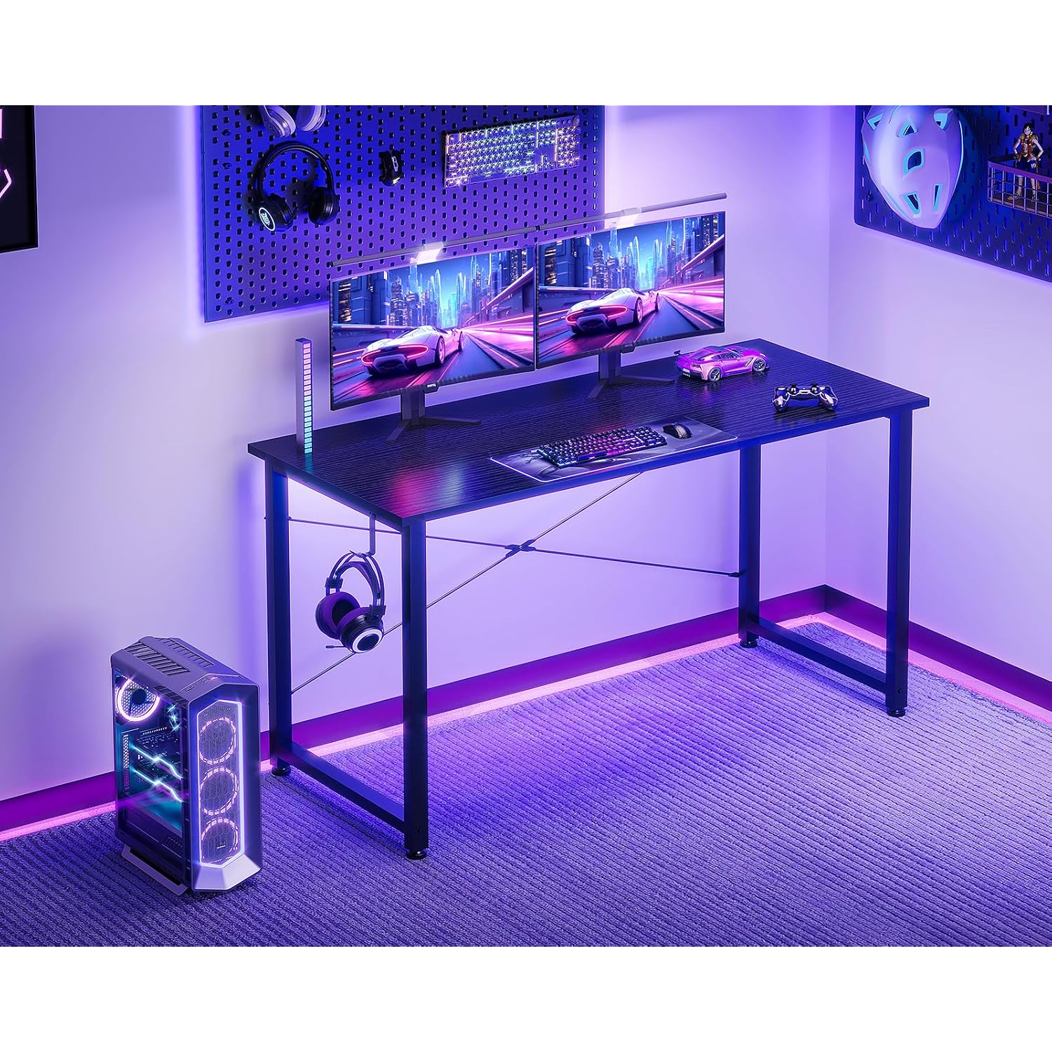 Casaottima 48 Inch Small Computer Desk For Home Office, Study Writing Table For Small Spaces, Simple Modern Desk With Headphone Hooks, Pure Black