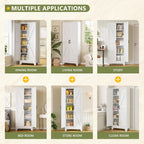 Farmhouse Storage Cabinet,75" H Metal Pantry Cabinet With Barn Doors And Adjustable Shelves,75" H 6-Tier Rustic Pantry Organizers For Kitchen,Dining Room,White