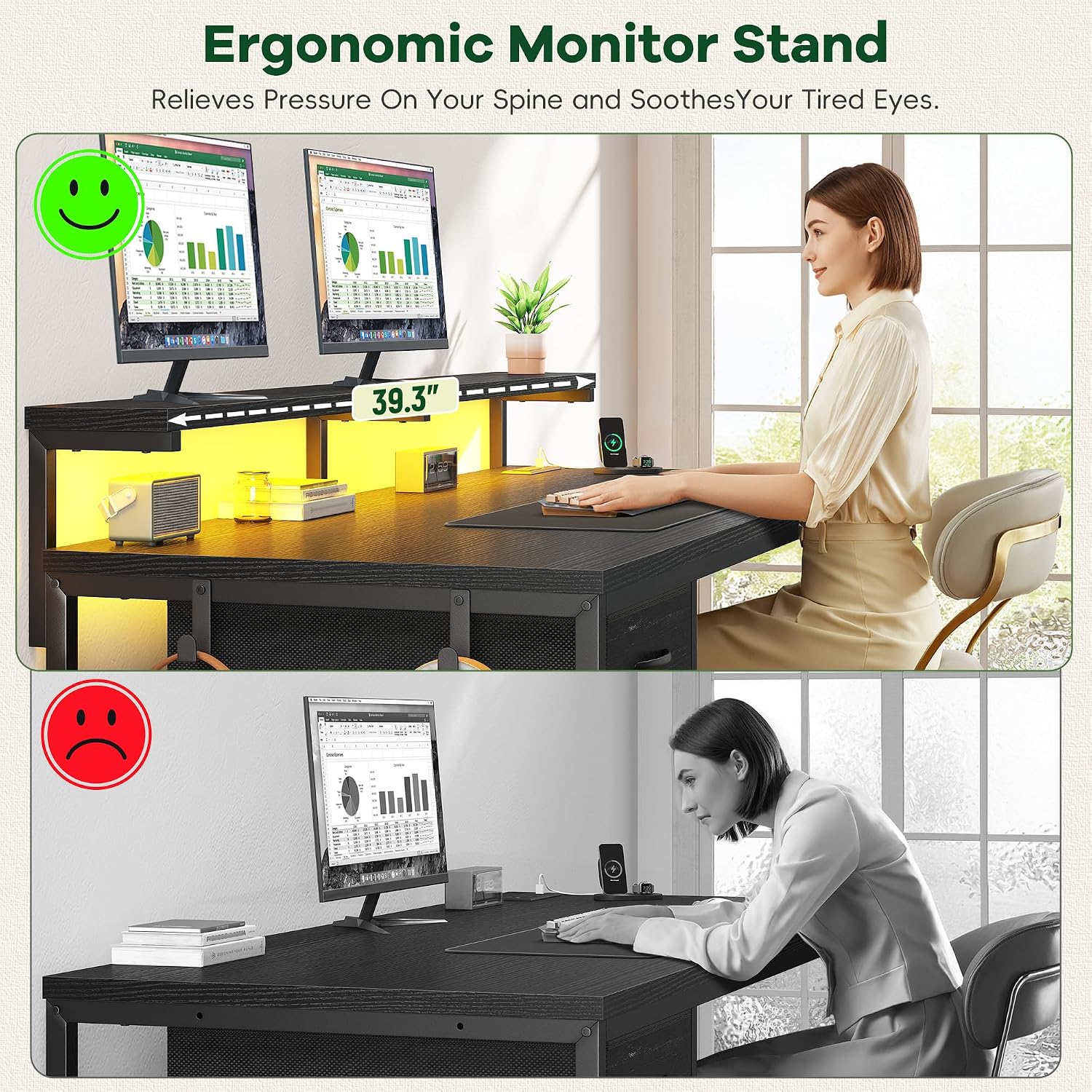 39.3" Gaming Desk With Power Outlet And Led Lights,Bedroom,Black | Computer Desk With Adjutable Monitor Stand,Fabric Drawer,Office Desk With Cpu Stand, Home Work,Study And Gaming,Small Spaces