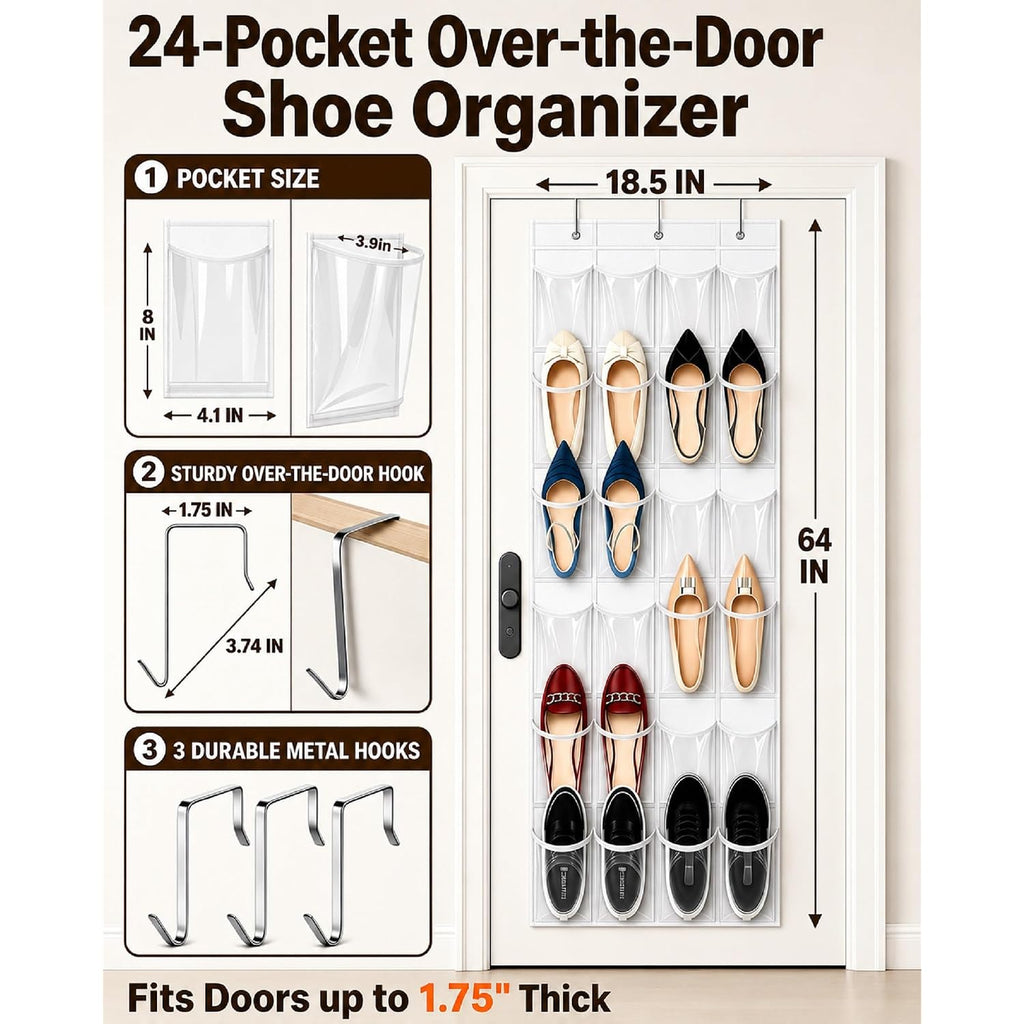 Over The Door Shoe Organizer With 24 Crystal Clear Pockets And Metal Hooks – Heavy Duty Hanging Shoe Storage Rack For Closet, Bathroom, Dorm – Space Saving For Shoes, Accessories, Toys (White)