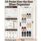 Over The Door Shoe Organizer With 24 Crystal Clear Pockets And Metal Hooks – Heavy Duty Hanging Shoe Storage Rack For Closet, Bathroom, Dorm – Space Saving For Shoes, Accessories, Toys (White)
