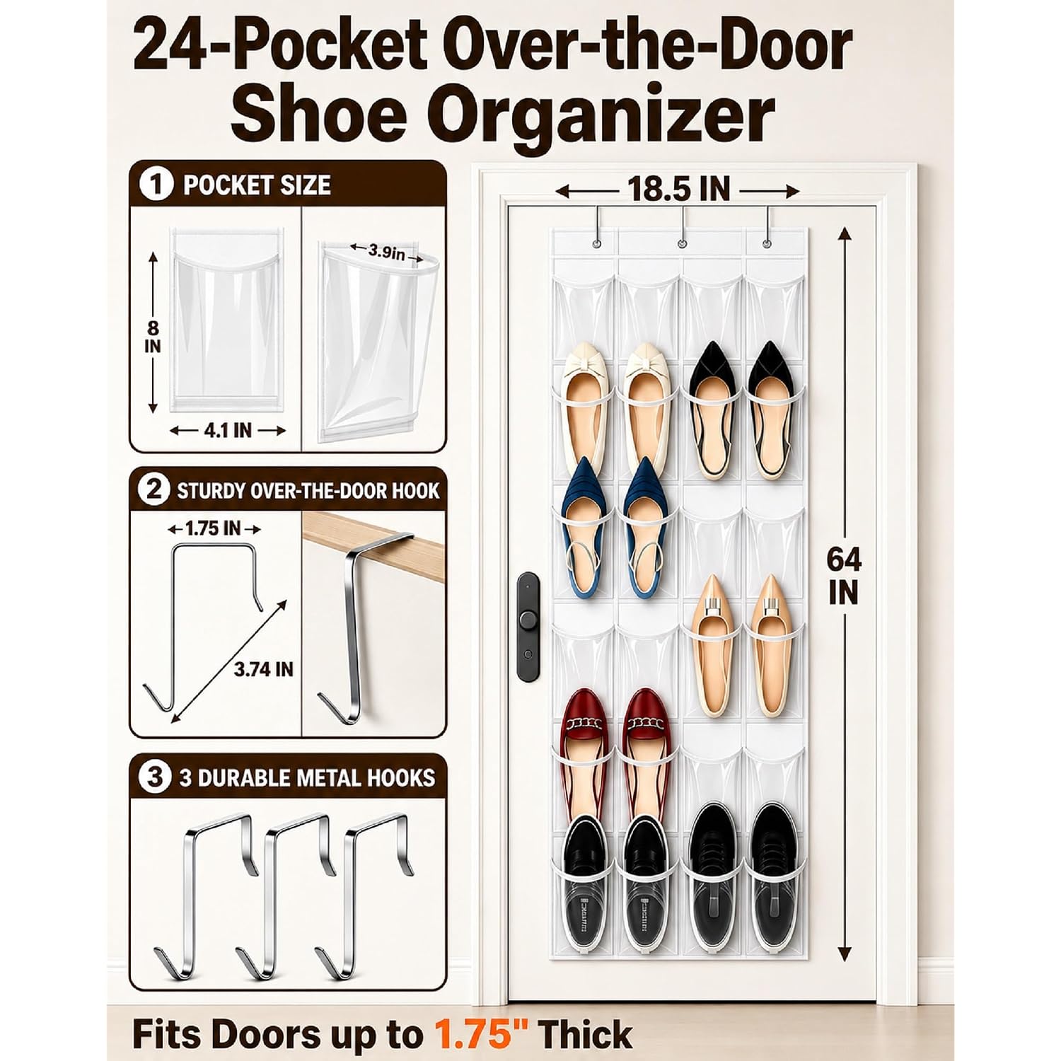 Over The Door Shoe Organizer With 24 Crystal Clear Pockets And Metal Hooks – Heavy Duty Hanging Shoe Storage Rack For Closet, Bathroom, Dorm – Space Saving For Shoes, Accessories, Toys (White)