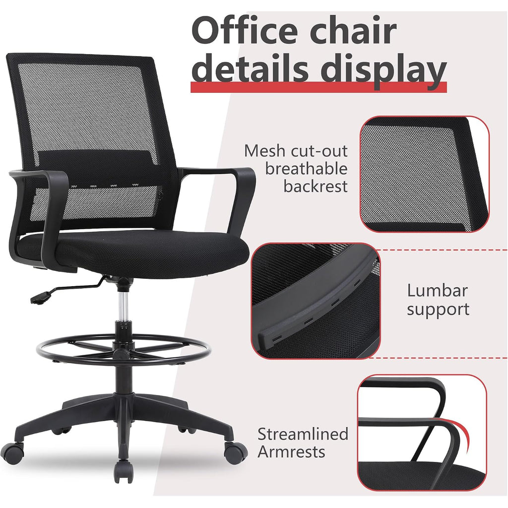 Bestoffice Drafting Chair Tall Office Chair Adjustable Swivel Rolling Mesh Height With Lumbar Support Arms Footrest Mid Back For Adults Standing Desk Drafting Stool(Black)