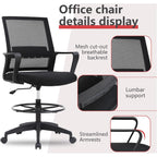 Bestoffice Drafting Chair Tall Office Chair Adjustable Swivel Rolling Mesh Height With Lumbar Support Arms Footrest Mid Back For Adults Standing Desk Drafting Stool(Black)