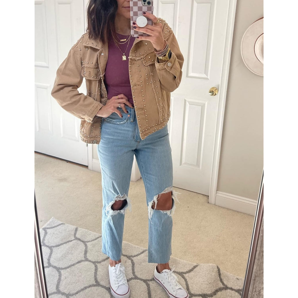 Women'S Long Sleeve Rivet Studded Denim Jacket Casual Washed Short Jean Coat Western Outfits
