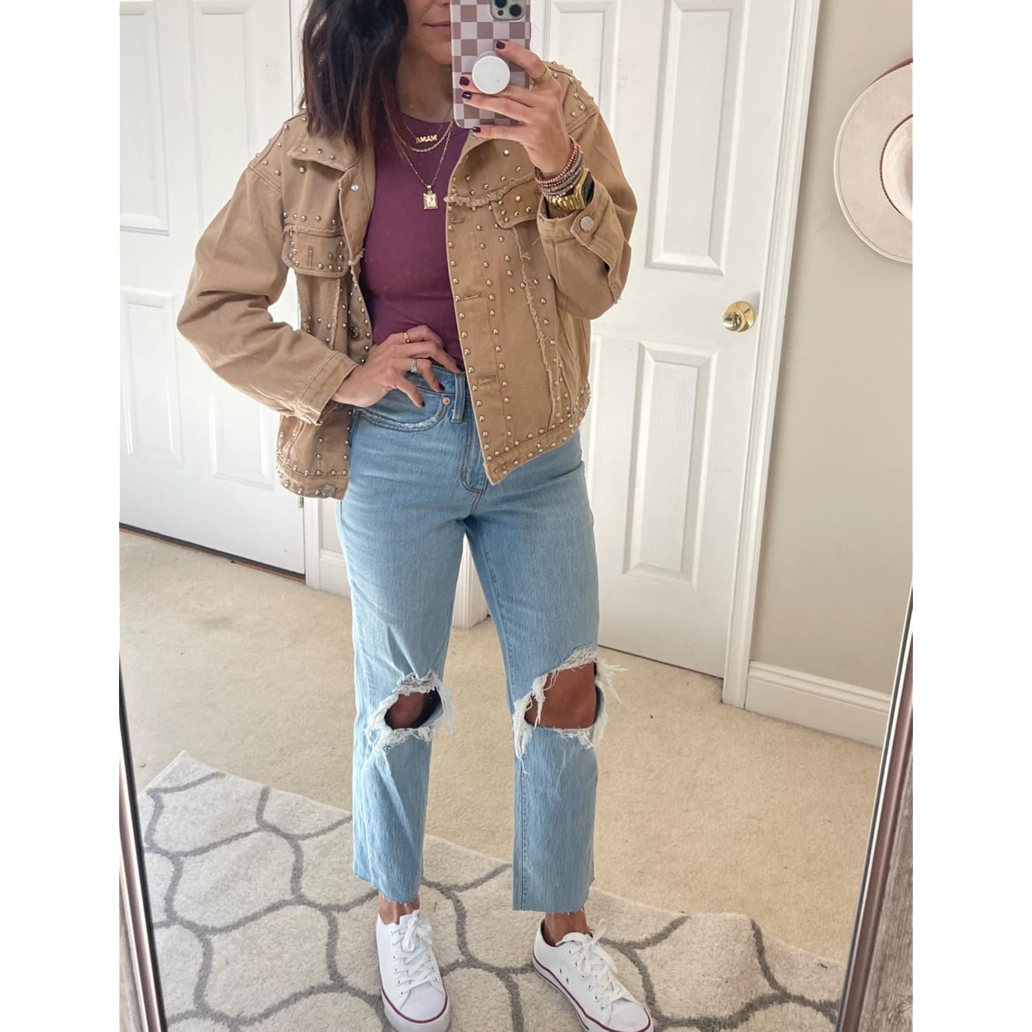 Women'S Long Sleeve Rivet Studded Denim Jacket Casual Washed Short Jean Coat Western Outfits
