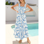 Caracilia Womens Summer Maxi Dresses Floral Smocked Sleeveless Ruffle Boho Casual Flowy Aline Beach Vacation Long Sundress
