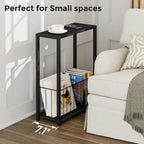 Narrow Side Table With Magazine Holder, Skinny End Table Perfect For Small Spaces, Space-Saving Design For Living Room, Bedroom, Or Office, 7.1" D X 16.9" W X 23.6" H, Black