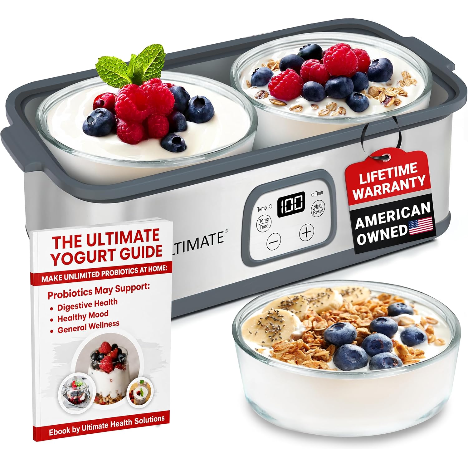 Ultimate Probiotic Yogurt Maker With Adjustable Time & Temperature Control, Make Trillions Of Probiotics For Better Gut Health, Two 1-Quart Containers For Larger Batches, Unlimited Lifetime Warranty