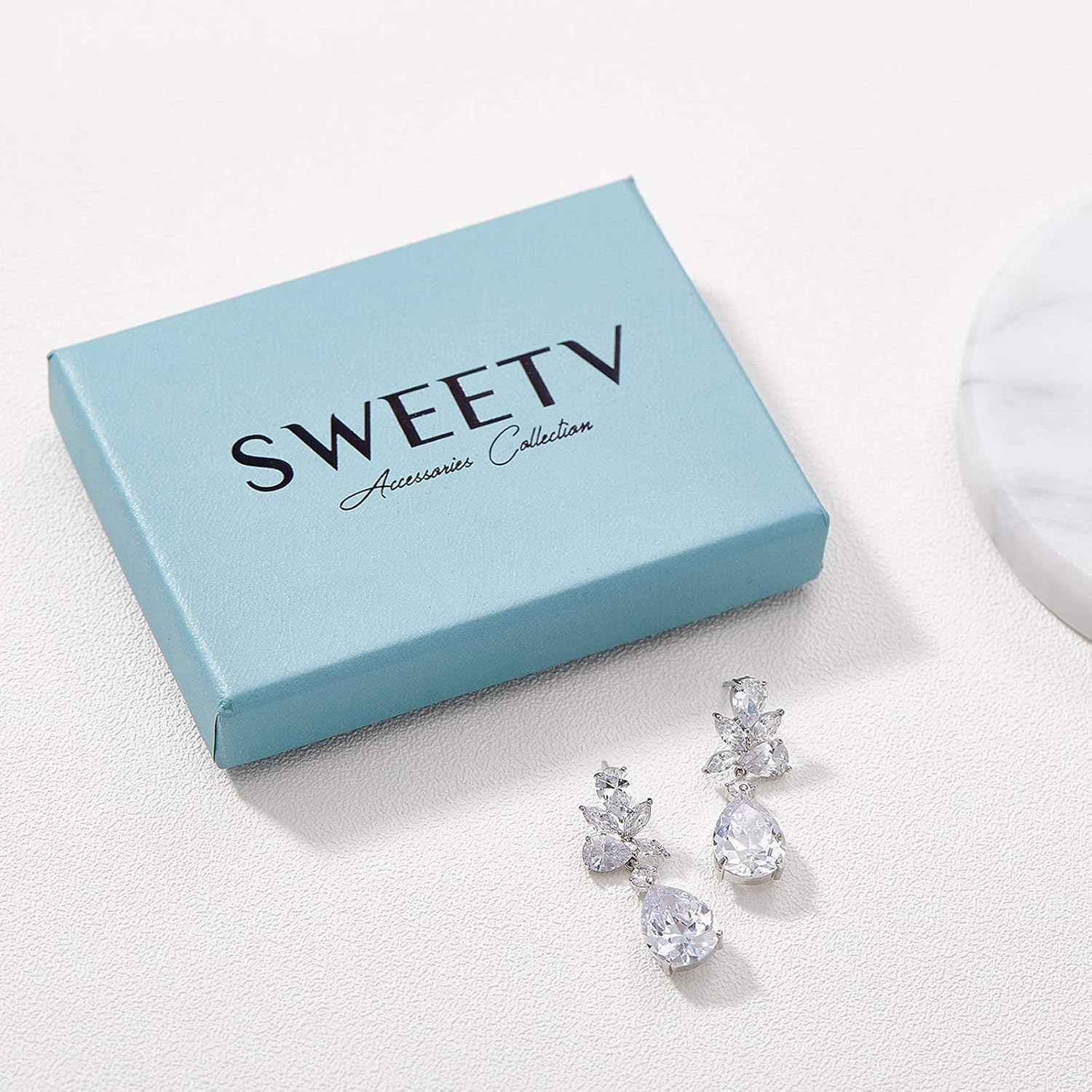 SWEETV Elegant Bridal Wedding Earrings for Brides, Bridesmaids, Cubic Zirconia Teardrop Dangle Earrings for Women Formal Jewelry