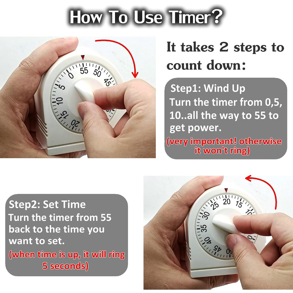 60 Minute Wind Up Timer, Visual Mechanical Timer With Loud Alarm, Manual Countdown Timers For Classroom, Home, Study And Cooking (White)