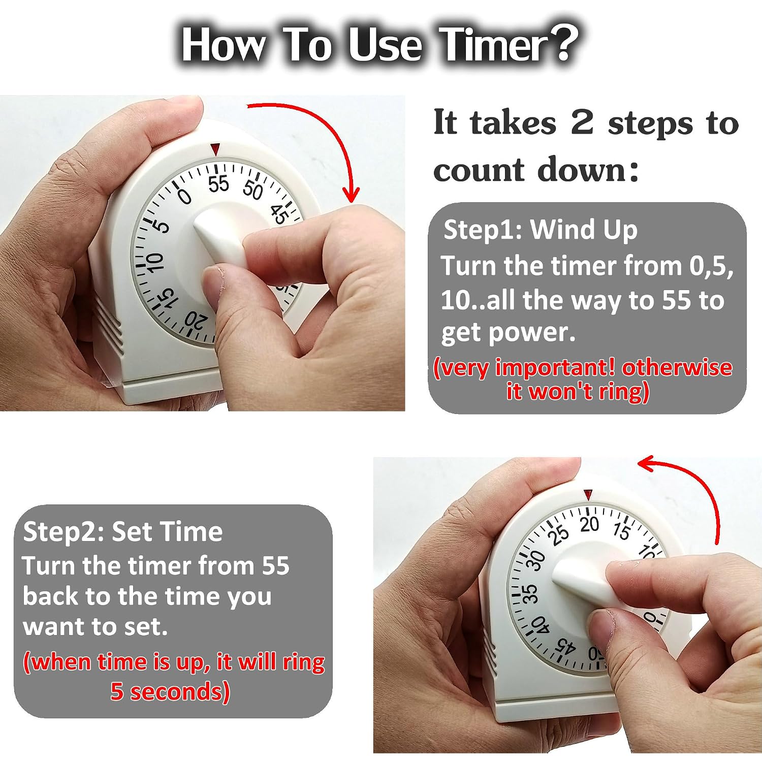 60 Minute Wind Up Timer, Visual Mechanical Timer With Loud Alarm, Manual Countdown Timers For Classroom, Home, Study And Cooking (White)