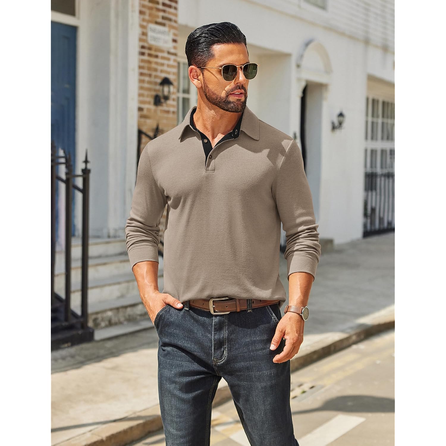 Coofandy Mens Long Sleeve Polo Shirts Classic Casual Button Polo Tee Lightweight Collared Golf Shirt