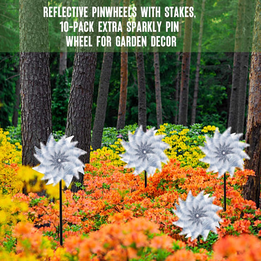 10 Pack Reflective Pinwheels With Stakes (Assembly Required), Extra Sparkly Pin Wheel For Garden Decor, Bird Repellent Devices Deterrent To Scare Birds Away From Yard Patio Farm