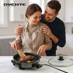 Ovente 11.5-Inch Electric Skillet & Frying Pan, 1400W Nonstick Cooking Pan With Adjustable Temperature Control, Tempered Glass Lid With Steam Vent, Cool-Touch Handles, Easy-Clean Black Sk11112B