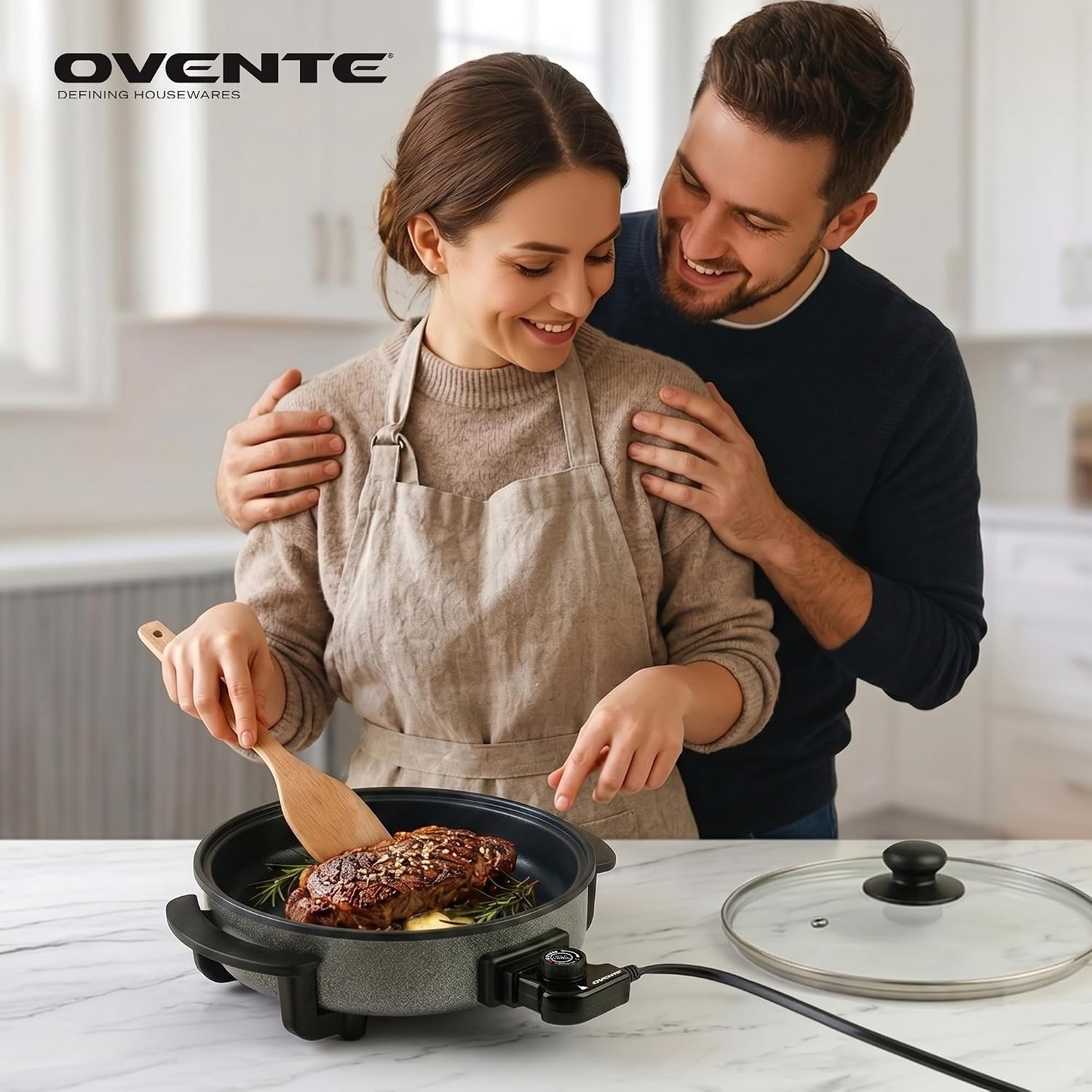 Ovente 11.5-Inch Electric Skillet & Frying Pan, 1400W Nonstick Cooking Pan With Adjustable Temperature Control, Tempered Glass Lid With Steam Vent, Cool-Touch Handles, Easy-Clean Black Sk11112B
