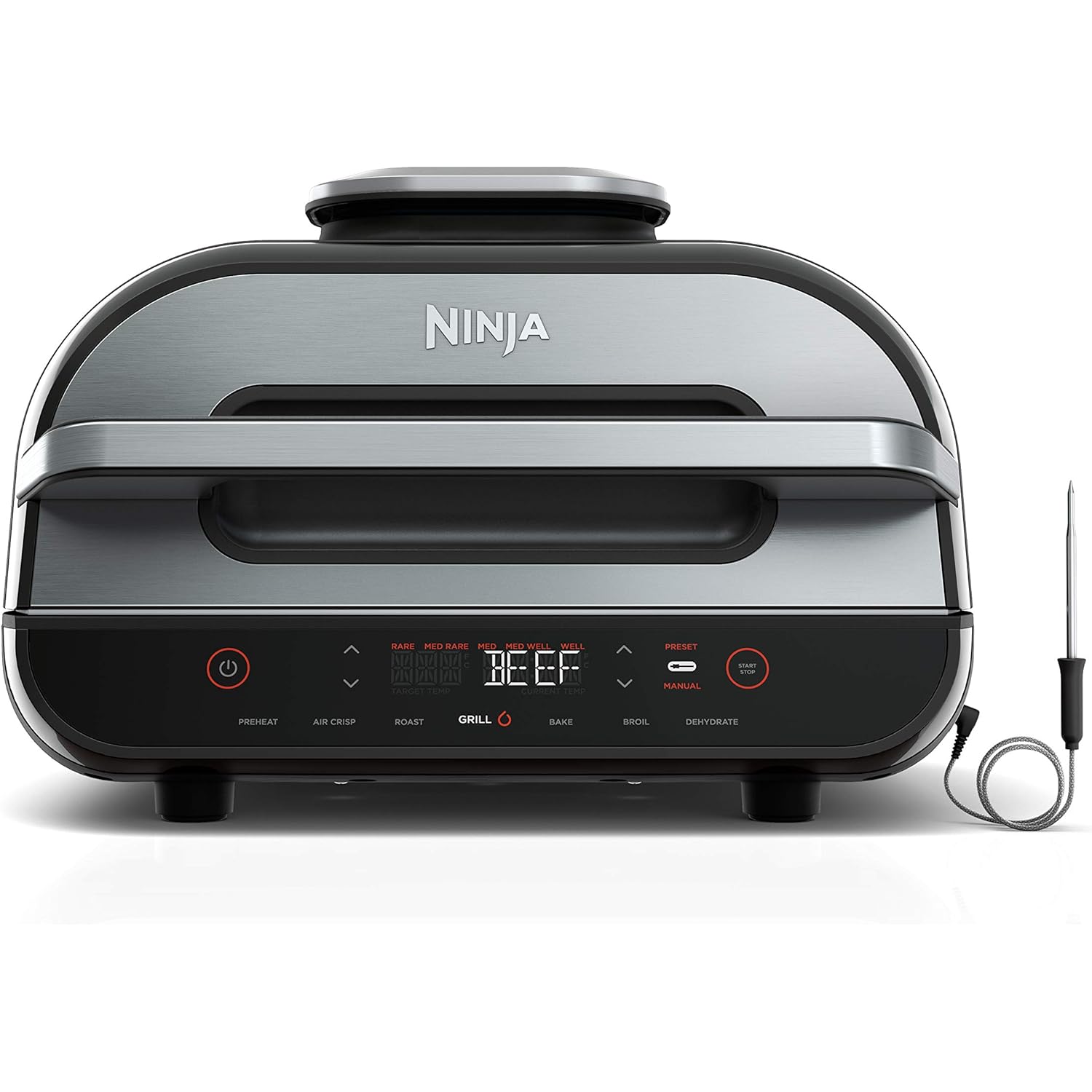 Ninja | Indoor Grill and Air Fryer| Foodi Smart XL | 6-in-1 Grill, Air Fry, Roast, Bake, Broil, Dehydrate & Crisp |Smart Thermometer & Splatter Shield | Dishwasher Safe Parts | Black/Silver | FG551