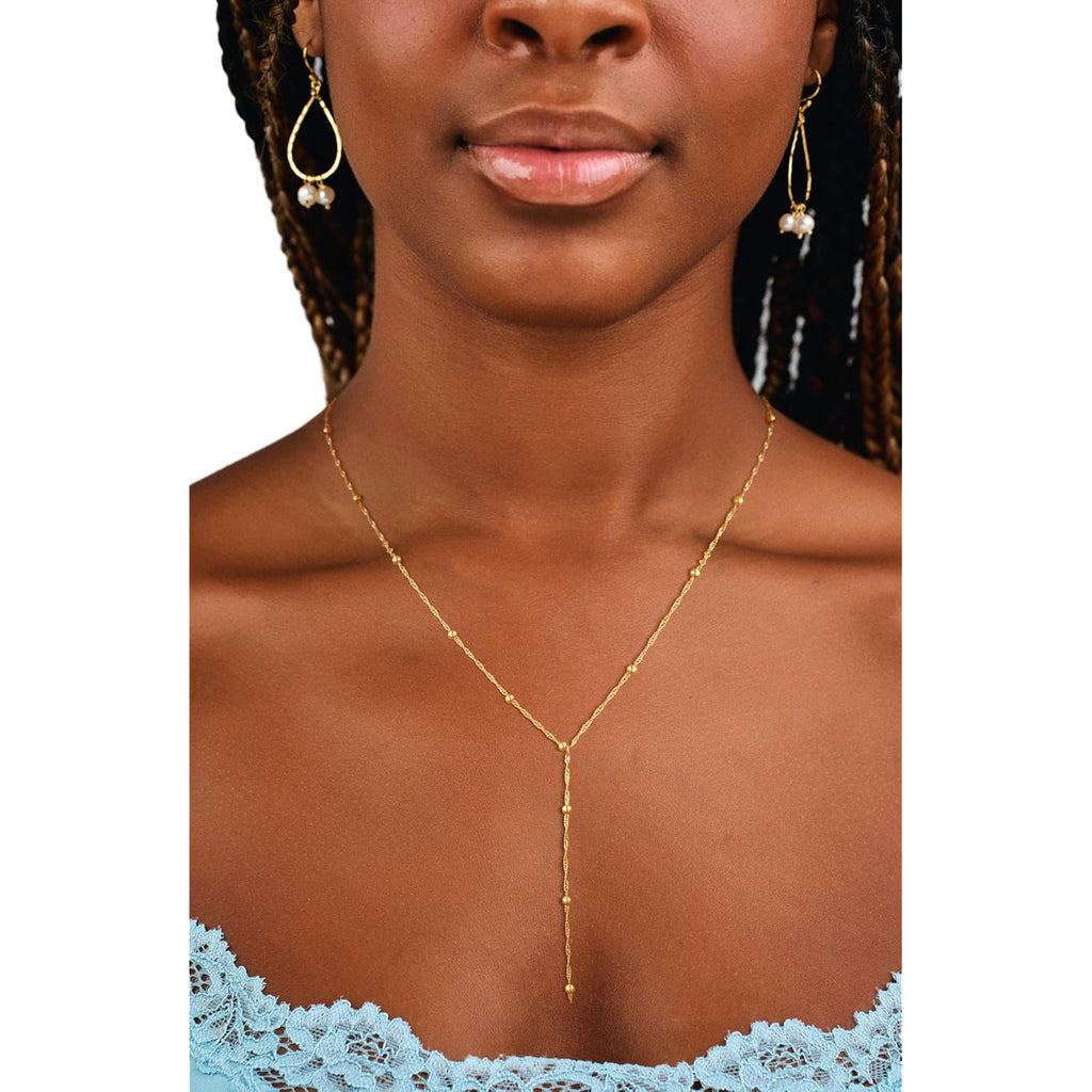 CAROVO Gold Necklace for Women Dainty Long Necklace 14K Gold/Silver Lariat Y-Shaped Pendant Necklaces Trendy Layered Lip Cubic Zirconia Beaded Chain Drop Necklaces Jewelry for Women Gifts
