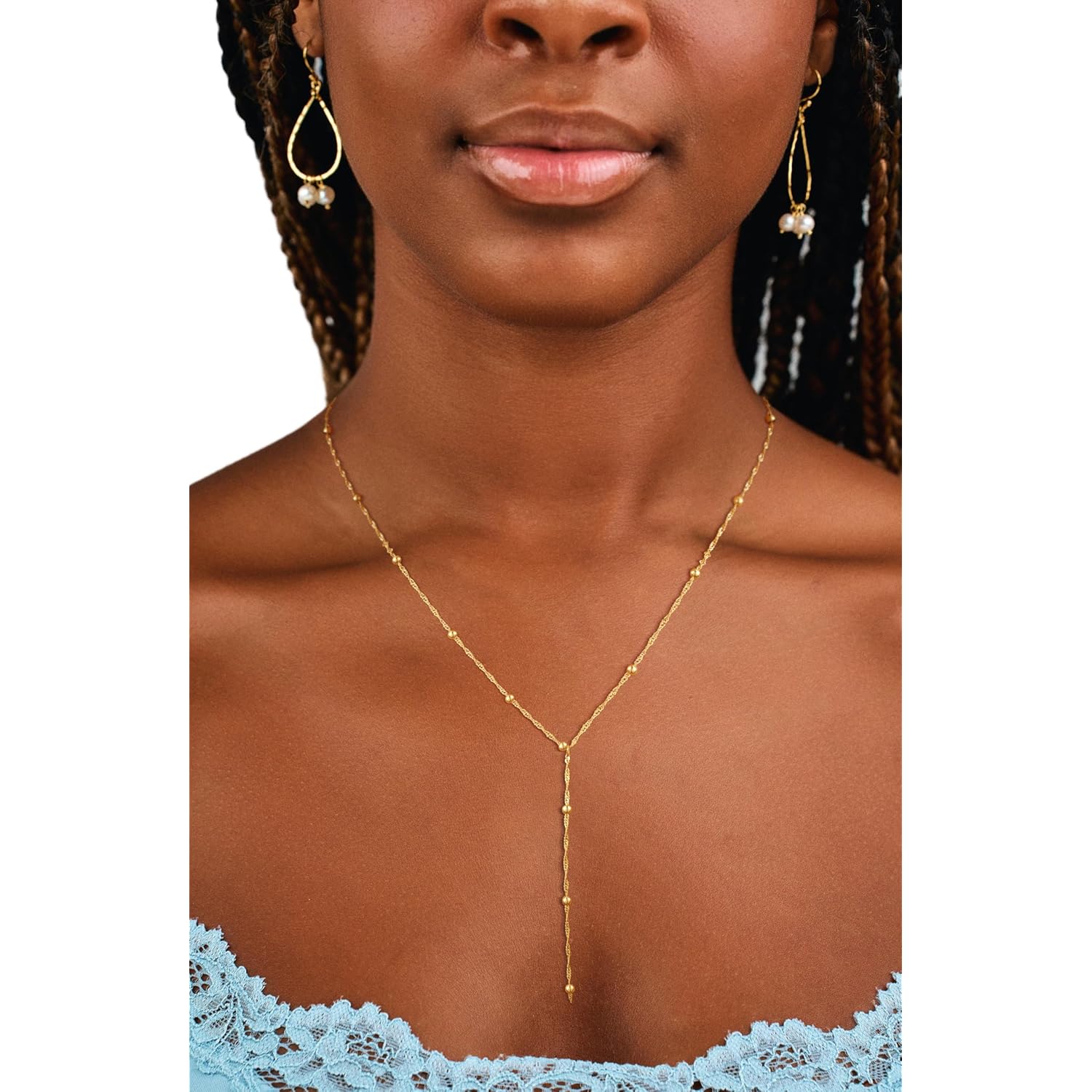 CAROVO Gold Necklace for Women Dainty Long Necklace 14K Gold/Silver Lariat Y-Shaped Pendant Necklaces Trendy Layered Lip Cubic Zirconia Beaded Chain Drop Necklaces Jewelry for Women Gifts
