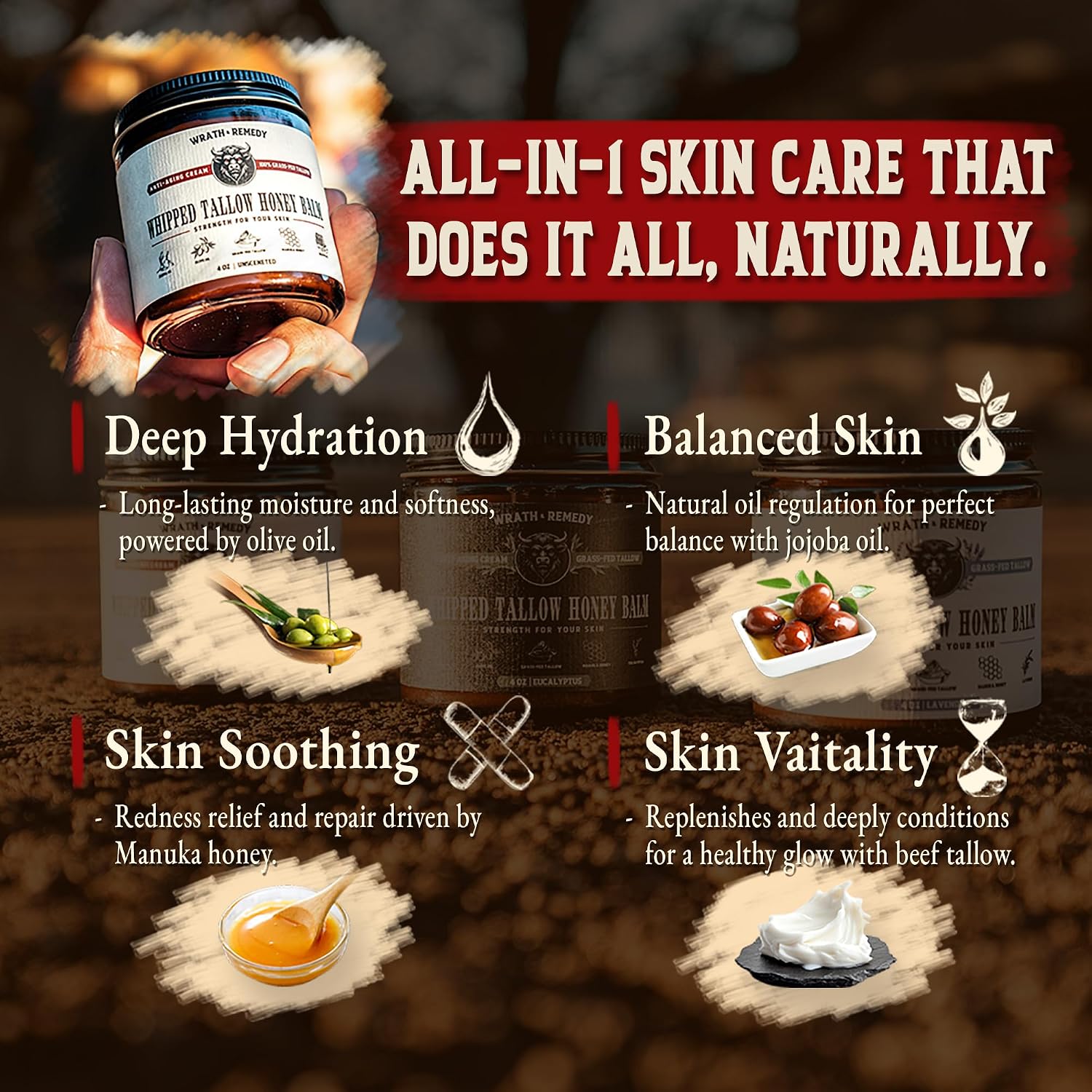 Organic Beef Tallow For Skin - 4 Oz (Unscented) — Us-Made Grass Fed Beef Tallow For Face + Body — Whipped Tallow And Honey Balm Moisturizer For Dry And Sensitive Skin, Eczema, Rosacea (No Additives)