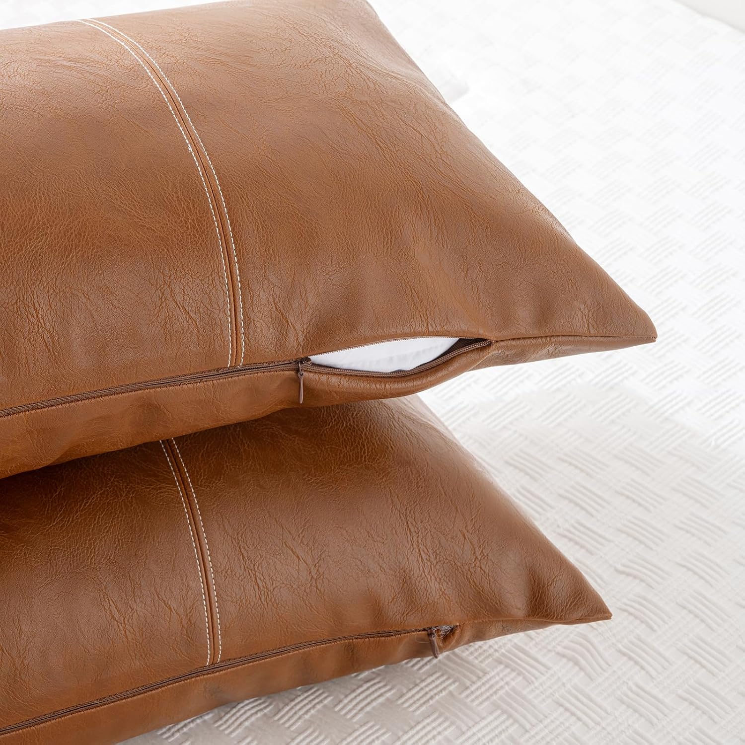 Fancy Homi Brown Boho Long Lumbar Faux Leather Body Decorative Throw Pillow Cover 14X36 Inch For Bedroom Couch Bed Sofa Bench, Hand Stitched Stylish Pillowcase, Rustic Modern Farmhouse Room Decor