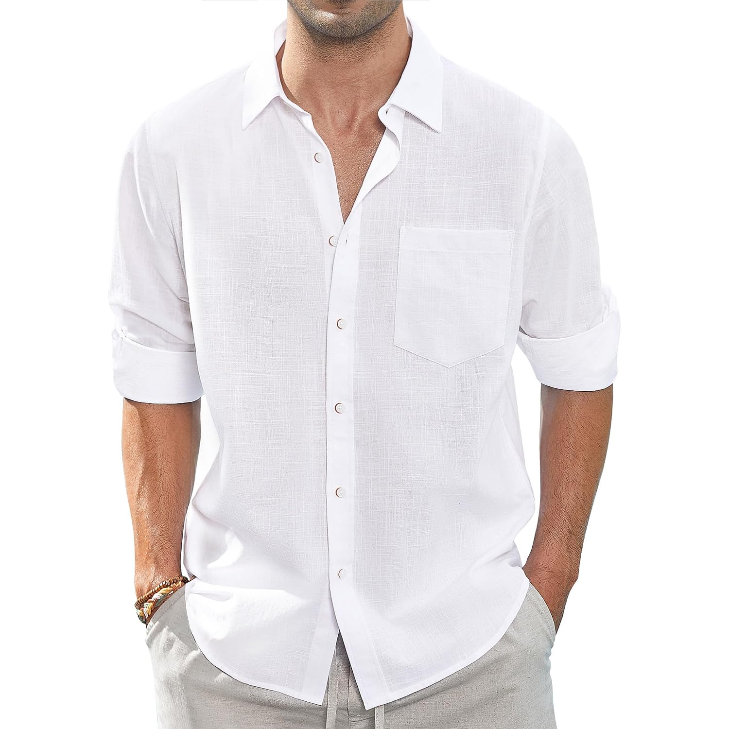 J.Ver Men'S Linen Shirts Casual Button Down Long Sleeve Shirt Solid Spread Collar Summer Beach Shirts With Pocket